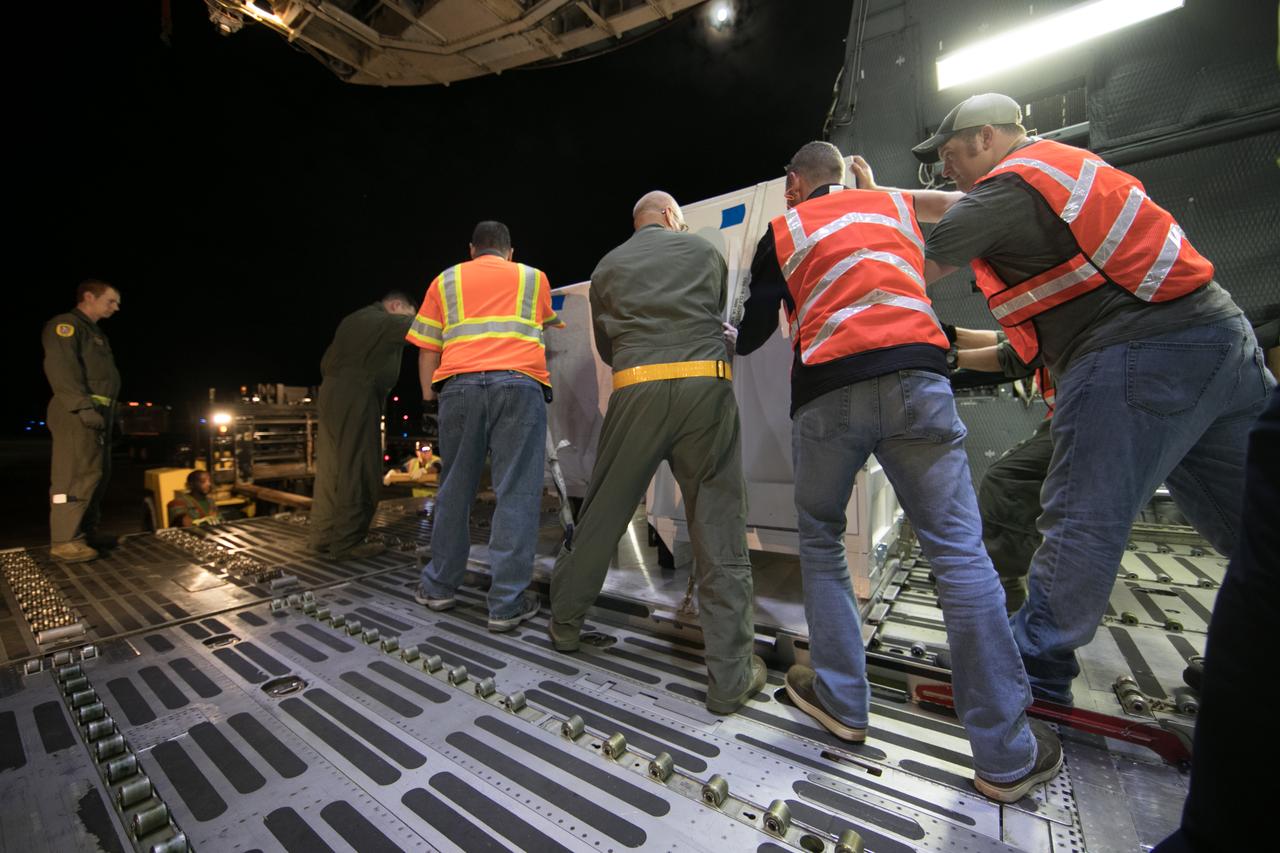 NOAA's Geostationary Operation Environmental Satellite-S (GOES-S) is being offloaded from a C-5 transport aircraft onto the flatbed of a heavy-lift truck at the Shuttle Landing Facility at NASA's Kennedy Space Center in Florida. The satellite will be transported to the Astrotech Space Operations facility in Titusville, Florida to prepare it for launch. GOES-S is the second in a series of four advanced geostationary weather satellites. The GOES-R series - consisting of the GOES-R, GOES-S, GOES-T and GOES-U spacecraft - will significantly improve the detection and observation of environmental phenomena that directly affect public safety, protection of property and the nation's economic health and prosperity. GOES-S is slated to launch March 1, 2018 aboard a United Launch Alliance Atlas V rocket from Cape Canaveral Air Force Station in Florida.