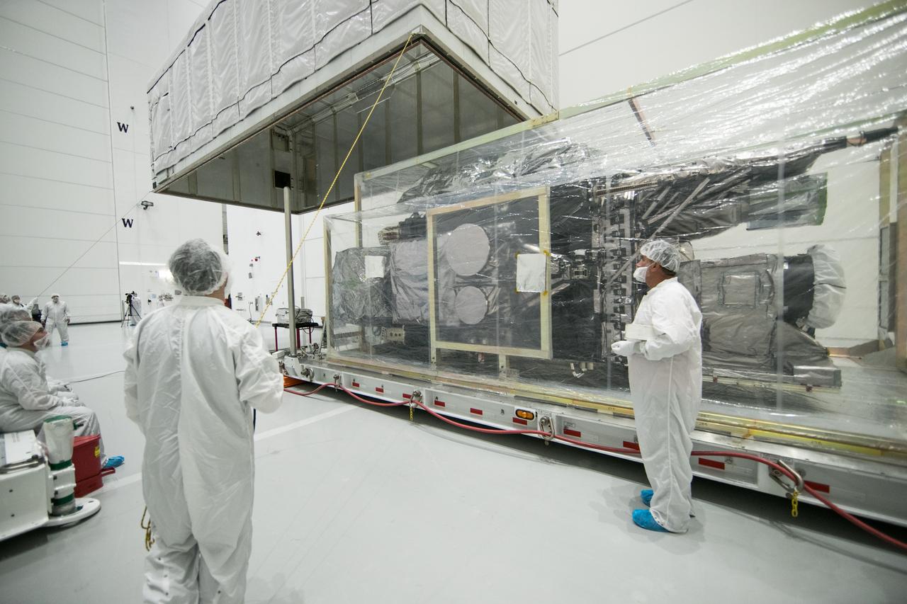 At Astrotech Space Operations in Titusville, Florida, technicians and engineers remove NOAA's Geostationary Operation Environmental Satellite-S (GOES-S) from its shipping container. GOES-S is the second in a series of four advanced geostationary weather satellites. The GOES-R series - consisting of the GOES-R, GOES-S, GOES-T and GOES-U spacecraft - will significantly improve the detection and observation of environmental phenomena that directly affect public safety, protection of property and the nation's economic health and prosperity. GOES-S is slated to launch March 1, 2018 aboard a United Launch Alliance Atlas V rocket from Cape Canaveral Air Force Station in Florida.