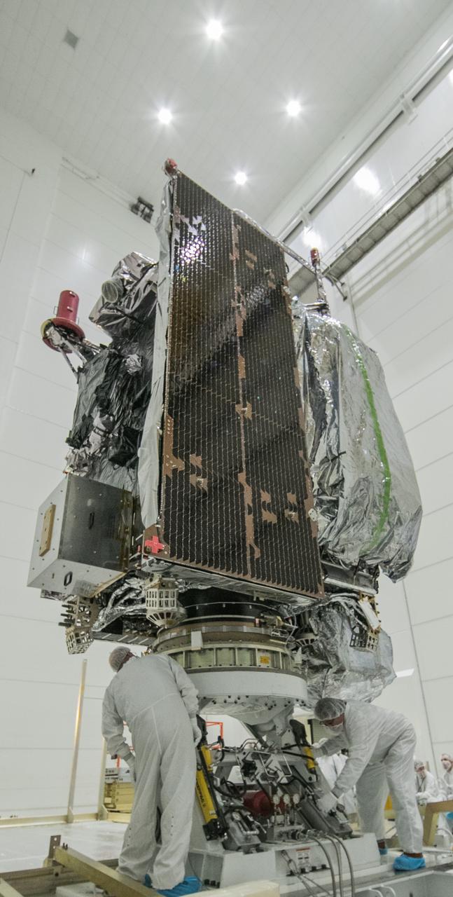 At Astrotech Space Operations in Titusville, Florida, technicians and engineers inspect NOAA's Geostationary Operation Environmental Satellite-S (GOES-S) after removal from its shipping container. GOES-S is the second in a series of four advanced geostationary weather satellites. The GOES-R series - consisting of the GOES-R, GOES-S, GOES-T and GOES-U spacecraft - will significantly improve the detection and observation of environmental phenomena that directly affect public safety, protection of property and the nation's economic health and prosperity. GOES-S is slated to launch March 1, 2018 aboard a United Launch Alliance Atlas V rocket from Cape Canaveral Air Force Station in Florida.