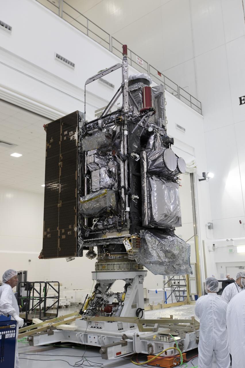 At Astrotech Space Operations in Titusville, Florida, NOAA's Geostationary Operational Environmental Satellite-S (GOES-S) has been rotated to a vertical position after it was uncrated from its shipping container. The facility is located near NASA's Kennedy Space Center. GOES-S is the second in a series of four advanced geostationary weather satellites. The GOES-R series - consisting of the GOES-R, GOES-S, GOES-T and GOES-U spacecraft - will significantly improve the detection and observation of environmental phenomena that directly affect public safety, protection of property and the nation's economic health and prosperity. GOES-S is slated to launch March 1, 2018 aboard a United Launch Alliance Atlas V rocket from Cape Canaveral Air Force Station in Florida.