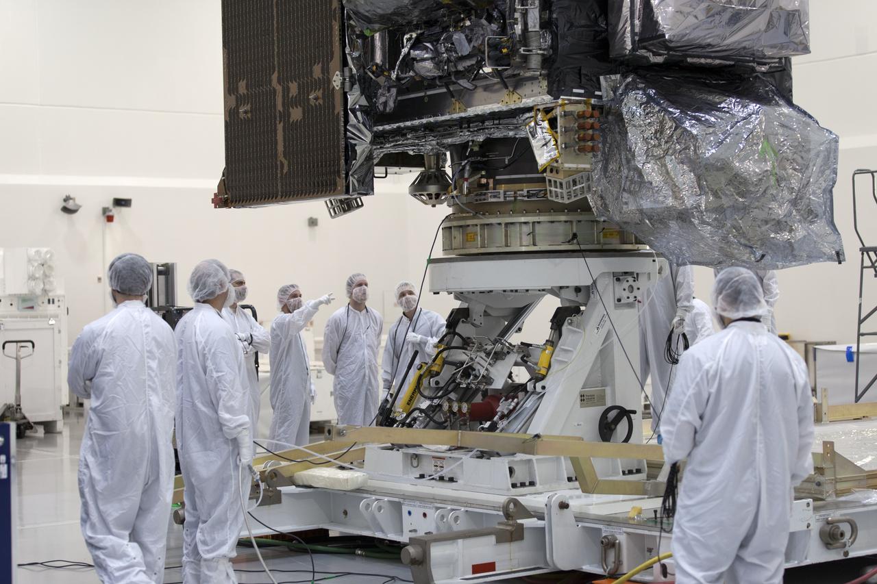 At Astrotech Space Operations in Titusville, Florida, technicians and engineers inspect NOAA's Geostationary Operational Environmental Satellite-S (GOES-S). The facility is located near NASA's Kennedy Space Center. GOES-S is the second in a series of four advanced geostationary weather satellites. The GOES-R series - consisting of the GOES-R, GOES-S, GOES-T and GOES-U spacecraft - will significantly improve the detection and observation of environmental phenomena that directly affect public safety, protection of property and the nation's economic health and prosperity. GOES-S is slated to launch March 1, 2018 aboard a United Launch Alliance Atlas V rocket from Cape Canaveral Air Force Station in Florida.