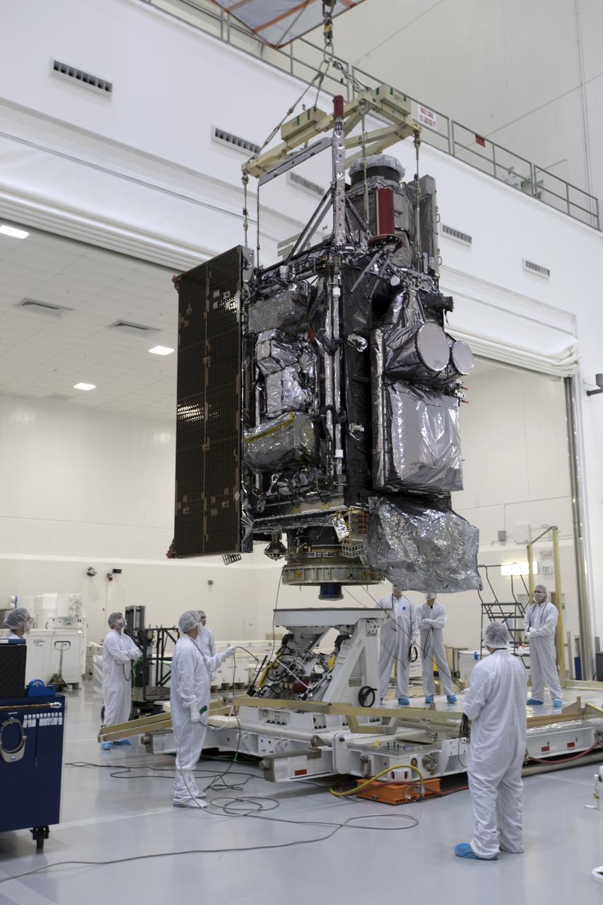 At Astrotech Space Operations in Titusville, Florida, technicians and engineers keep a watchful eye on NOAA's Geostationary Operational Environmental Satellite-S (GOES-S) as it is moved to a work stand. The facility is located near NASA's Kennedy Space Center. GOES-S is the second in a series of four advanced geostationary weather satellites. The GOES-R series - consisting of the GOES-R, GOES-S, GOES-T and GOES-U spacecraft - will significantly improve the detection and observation of environmental phenomena that directly affect public safety, protection of property and the nation's economic health and prosperity. GOES-S is slated to launch March 1, 2018 aboard a United Launch Alliance Atlas V rocket from Cape Canaveral Air Force Station in Florida.