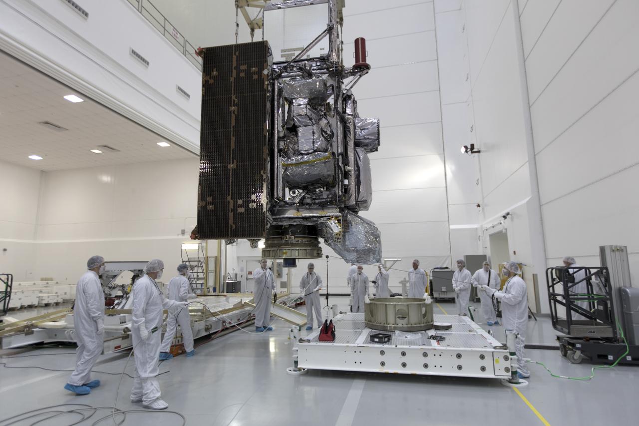 At Astrotech Space Operations in Titusville, Florida, technicians and engineers keep a watchful eye on NOAA's Geostationary Operational Environmental Satellite-S (GOES-S) as it is moved to a work stand. The facility is located near NASA's Kennedy Space Center. GOES-S is the second in a series of four advanced geostationary weather satellites. The GOES-R series - consisting of the GOES-R, GOES-S, GOES-T and GOES-U spacecraft - will significantly improve the detection and observation of environmental phenomena that directly affect public safety, protection of property and the nation's economic health and prosperity. GOES-S is slated to launch March 1, 2018 aboard a United Launch Alliance Atlas V rocket from Cape Canaveral Air Force Station in Florida.