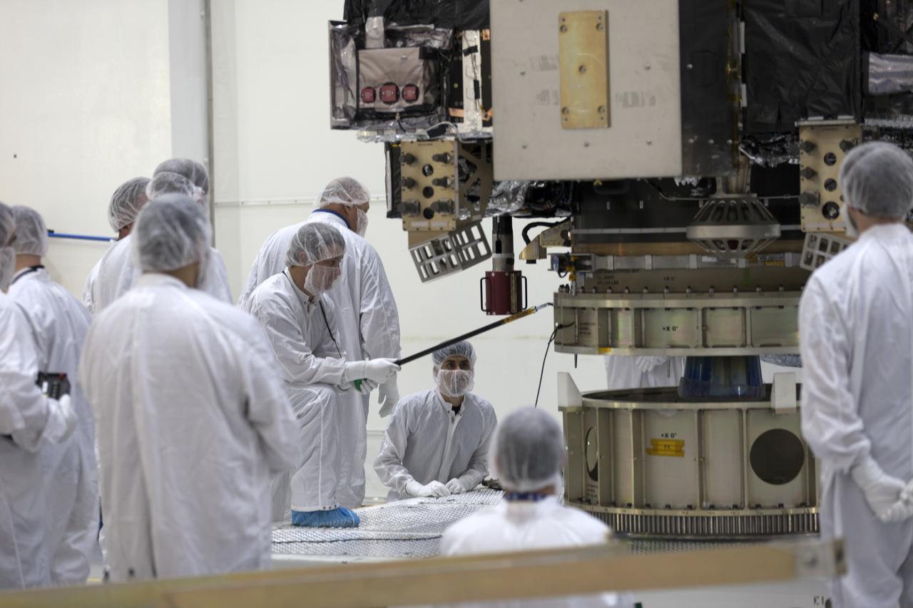 At Astrotech Space Operations in Titusville, Florida, technicians and engineers keep a watchful eye on NOAA's Geostationary Operational Environmental Satellite-S (GOES-S) as it is positioned on a work stand. The facility is located near NASA's Kennedy Space Center. GOES-S is the second in a series of four advanced geostationary weather satellites. The GOES-R series - consisting of the GOES-R, GOES-S, GOES-T and GOES-U spacecraft - will significantly improve the detection and observation of environmental phenomena that directly affect public safety, protection of property and the nation's economic health and prosperity. GOES-S is slated to launch March 1, 2018 aboard a United Launch Alliance Atlas V rocket from Cape Canaveral Air Force Station in Florida.