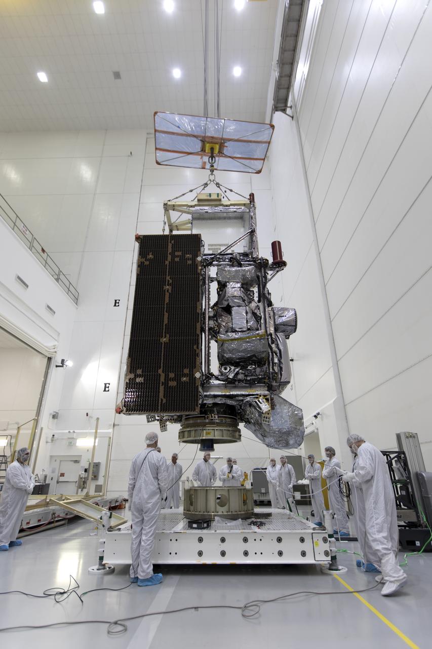 At Astrotech Space Operations in Titusville, Florida, technicians and engineers keep a watchful eye on NOAA's Geostationary Operational Environmental Satellite-S (GOES-S) as it is positioned on a work stand. The facility is located near NASA's Kennedy Space Center. GOES-S is the second in a series of four advanced geostationary weather satellites. The GOES-R series - consisting of the GOES-R, GOES-S, GOES-T and GOES-U spacecraft - will significantly improve the detection and observation of environmental phenomena that directly affect public safety, protection of property and the nation's economic health and prosperity. GOES-S is slated to launch March 1, 2018 aboard a United Launch Alliance Atlas V rocket from Cape Canaveral Air Force Station in Florida.