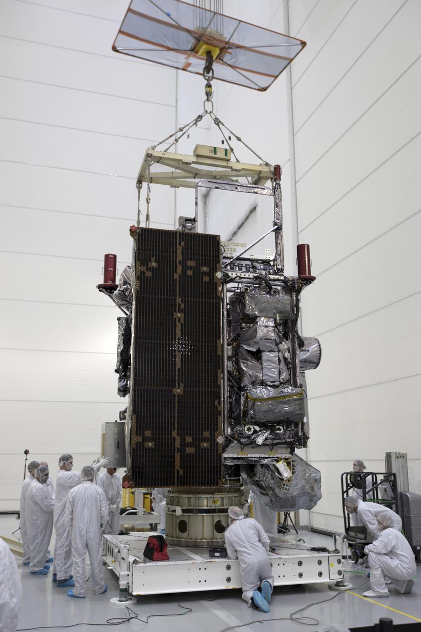 At Astrotech Space Operations in Titusville, Florida, technicians and engineers keep a watchful eye on NOAA's Geostationary Operational Environmental Satellite-S (GOES-S) as it is positioned on a work stand. The facility is located near NASA's Kennedy Space Center. GOES-S is the second in a series of four advanced geostationary weather satellites. The GOES-R series - consisting of the GOES-R, GOES-S, GOES-T and GOES-U spacecraft - will significantly improve the detection and observation of environmental phenomena that directly affect public safety, protection of property and the nation's economic health and prosperity. GOES-S is slated to launch March 1, 2018 aboard a United Launch Alliance Atlas V rocket from Cape Canaveral Air Force Station in Florida.