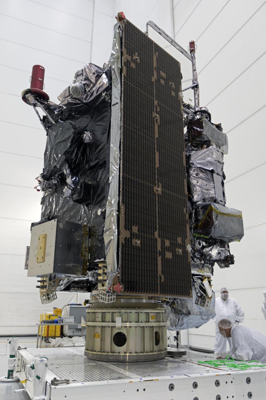 At Astrotech Space Operations in Titusville, Florida, technicians and engineers inspect NOAA's Geostationary Operational Environmental Satellite-S (GOES-S) after it was positioned on a work stand. The facility is located near NASA's Kennedy Space Center. GOES-S is the second in a series of four advanced geostationary weather satellites. The GOES-R series - consisting of the GOES-R, GOES-S, GOES-T and GOES-U spacecraft - will significantly improve the detection and observation of environmental phenomena that directly affect public safety, protection of property and the nation's economic health and prosperity. GOES-S is slated to launch March 1, 2018 aboard a United Launch Alliance Atlas V rocket from Cape Canaveral Air Force Station in Florida.