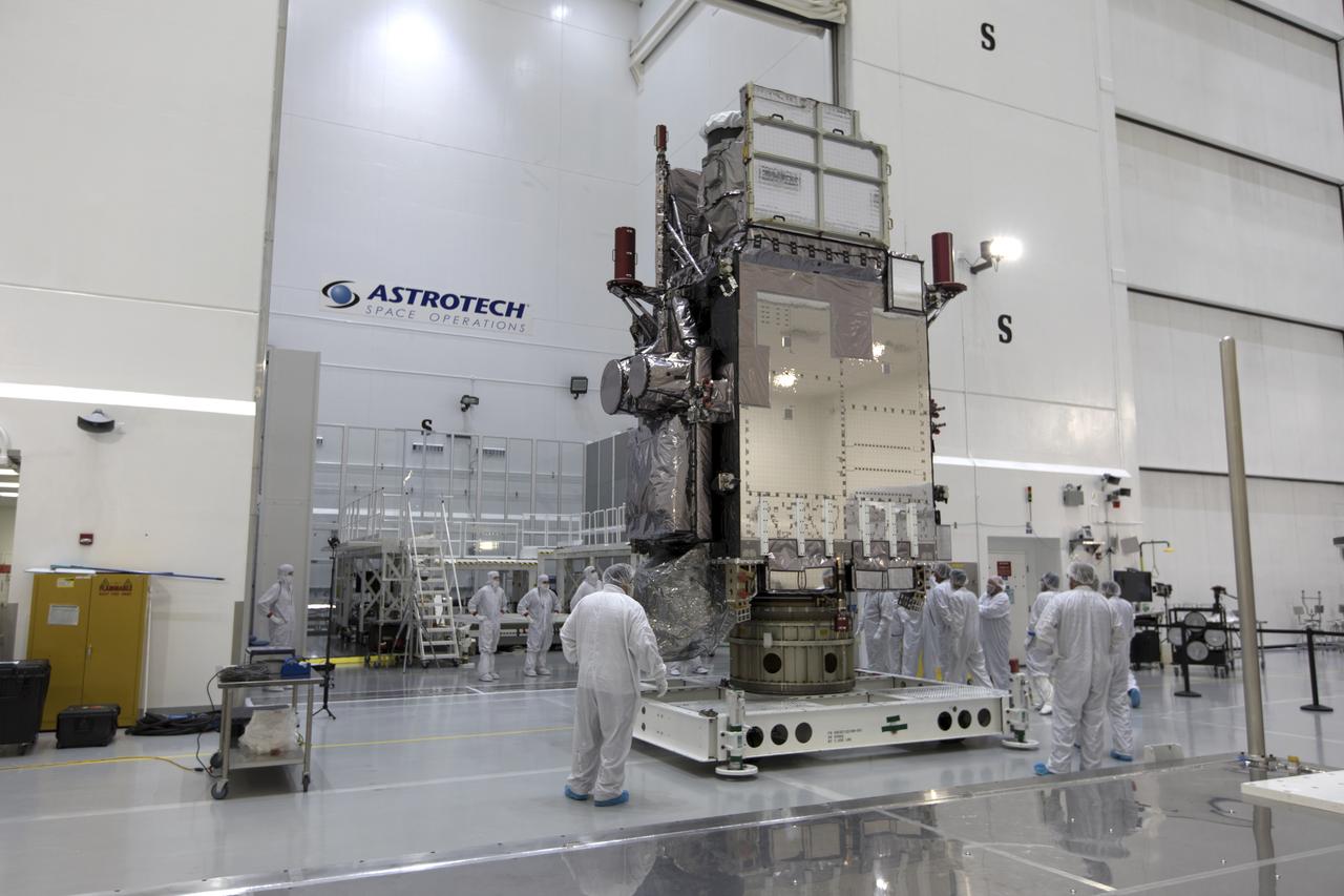At Astrotech Space Operations in Titusville, Florida, technicians and engineers inspect NOAA's Geostationary Operational Environmental Satellite-S (GOES-S) after it was positioned on a work stand. The facility is located near NASA's Kennedy Space Center. GOES-S is the second in a series of four advanced geostationary weather satellites. The GOES-R series - consisting of the GOES-R, GOES-S, GOES-T and GOES-U spacecraft - will significantly improve the detection and observation of environmental phenomena that directly affect public safety, protection of property and the nation's economic health and prosperity. GOES-S is slated to launch March 1, 2018 aboard a United Launch Alliance Atlas V rocket from Cape Canaveral Air Force Station in Florida.