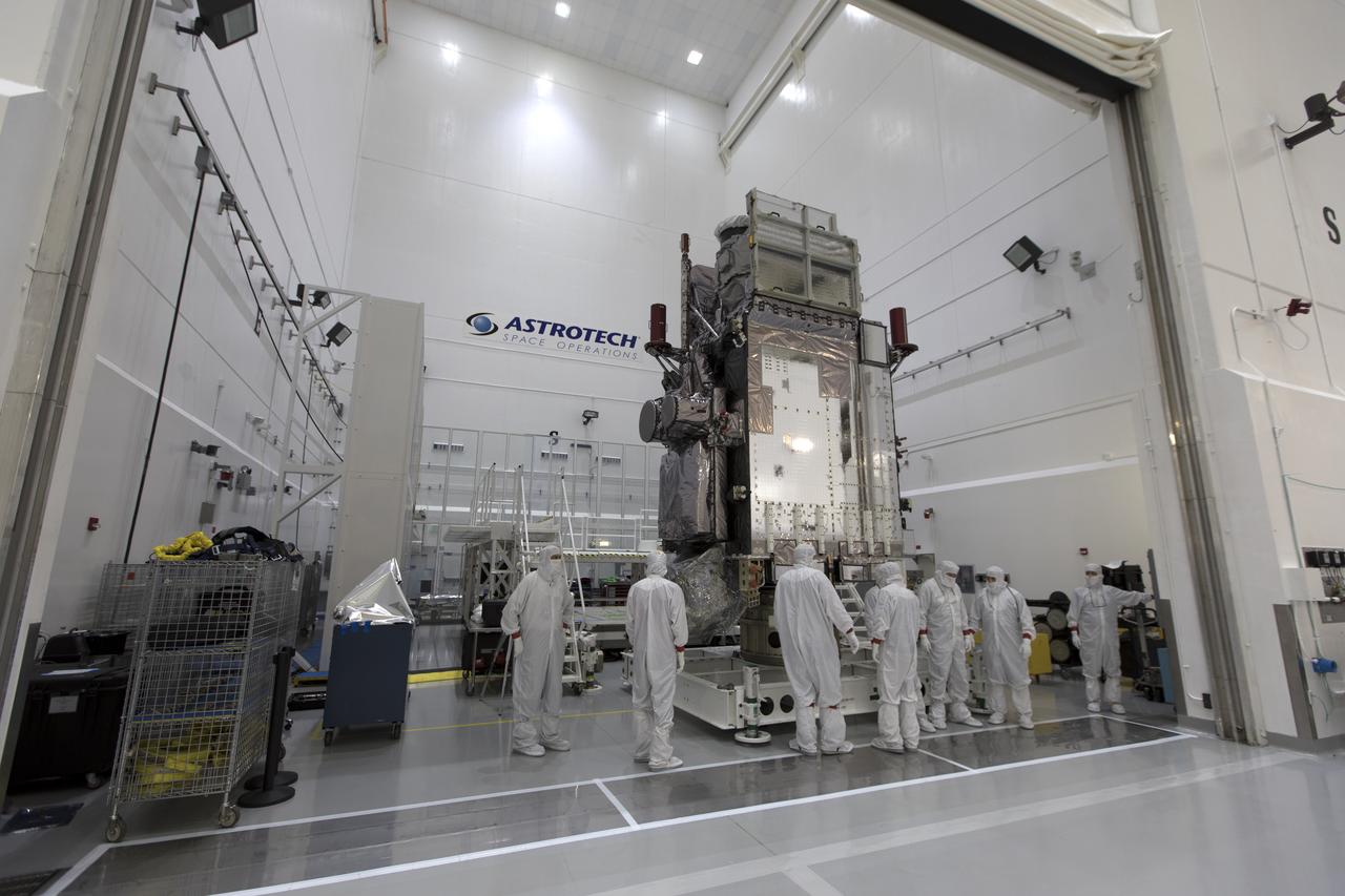 At Astrotech Space Operations in Titusville, Florida, technicians and engineers move NOAA's Geostationary Operational Environmental Satellite-S (GOES-S) into a clean room for further processing. The facility is located near NASA's Kennedy Space Center. GOES-S is the second in a series of four advanced geostationary weather satellites. The GOES-R series - consisting of the GOES-R, GOES-S, GOES-T and GOES-U spacecraft - will significantly improve the detection and observation of environmental phenomena that directly affect public safety, protection of property and the nation's economic health and prosperity. GOES-S is slated to launch March 1, 2018 aboard a United Launch Alliance Atlas V rocket from Cape Canaveral Air Force Station in Florida.
