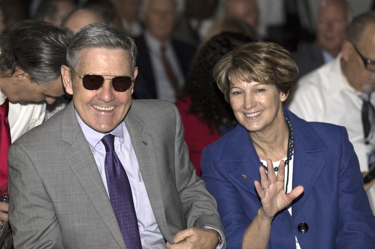 Kennedy Space Center Director Bob Cabana, left, and Astronauts Memorial Foundation board chair Eileen Collins, acknowledge guests during a tribute honoring U.S. Air Foce Maj. Robert Lawrence. Both Cabana and Collins are former NASA astronauts. Selected in 1967 for the Manned Orbiting Laboratory Program, Lawrence was the first African-American astronaut. He lost his life in a training accident 50 years ago. The ceremony took place in the Center for Space Education at the Kennedy Space Center Visitor Complex.