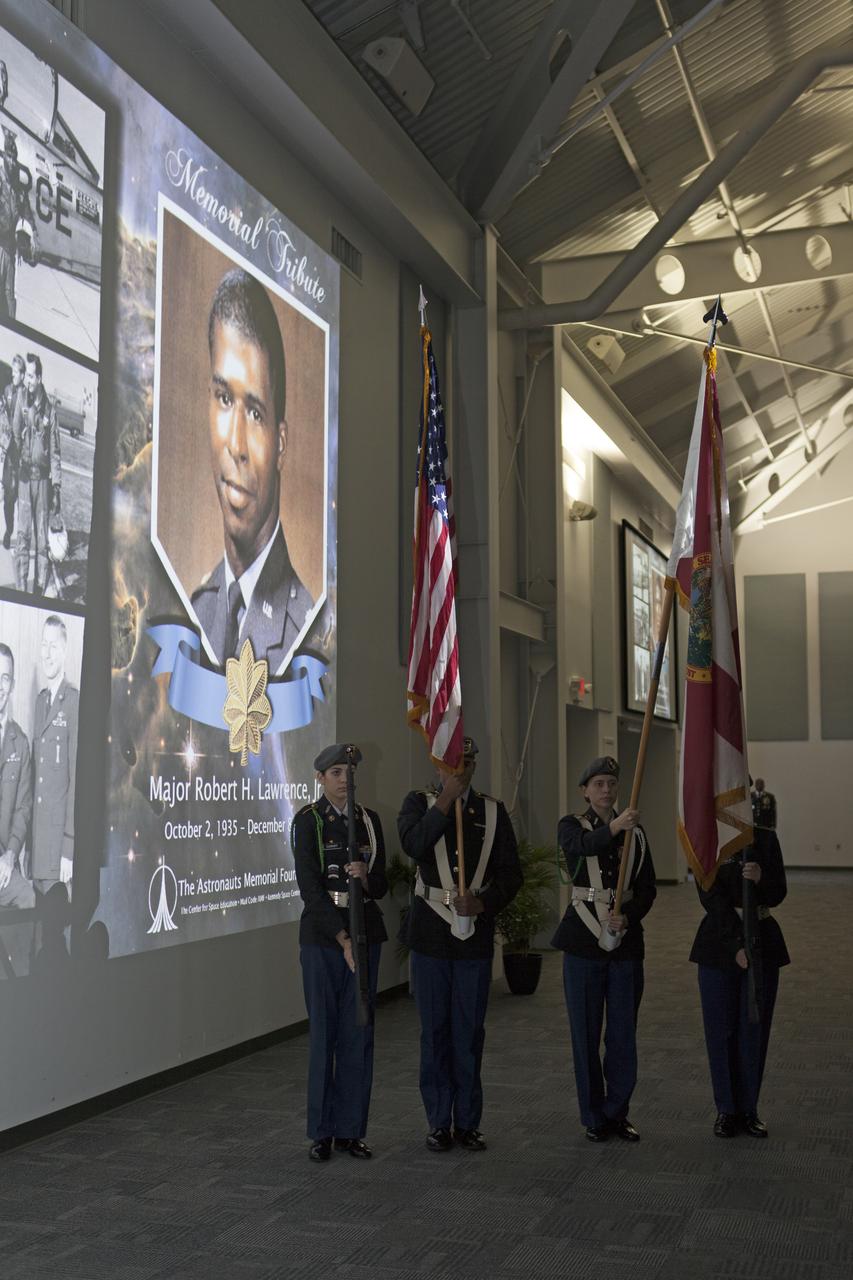 The Viera High School Army JROTC Color Guard presented the colors during an Astronauts Memorial Foundation tribute honoring U.S. Air Foce Maj. Robert Lawrence. Selected in 1967 for the Manned Orbiting Laboratory Program, Lawrence was the first African-American astronaut. He lost his life in a training accident 50 years ago. The ceremony took place in the Center for Space Education at the Kennedy Space Center Visitor Complex.