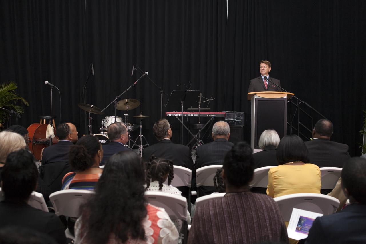 State Rep. Thad Altman, president of the Astronauts Memorial Foundation (AMF), speaks during a tribute honoring U.S. Air Foce Maj. Robert Lawrence. Selected in 1967 for the Manned Orbiting Laboratory Program, Lawrence was the first African-American astronaut. He lost his life in a training accident 50 years ago. The ceremony took place in the Center for Space Education at the Kennedy Space Center Visitor Complex.