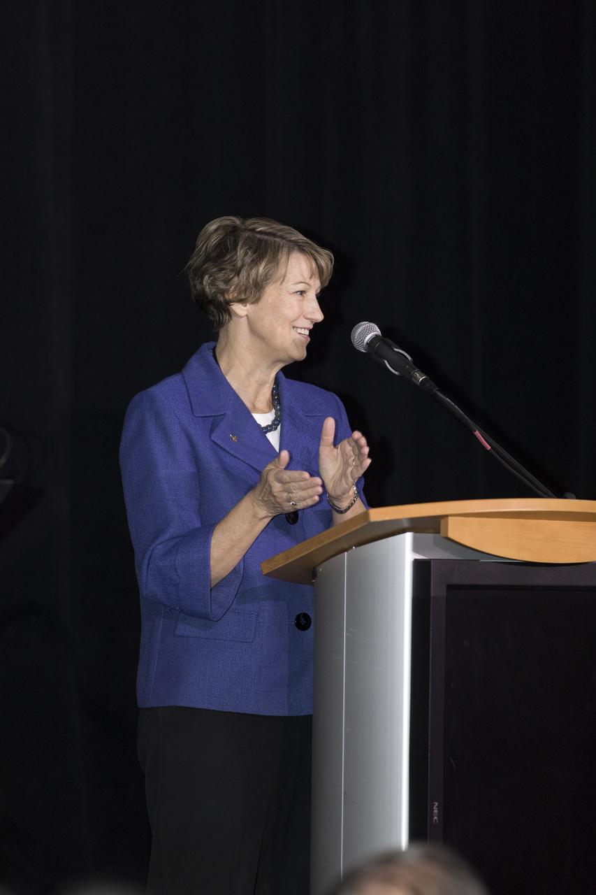 Former NASA astronaut Eileen Collins, who now is chair of the Astronauts Memorial Foundation, speaks during a tribute honoring U.S. Air Foce Maj. Robert Lawrence. Selected in 1967 for the Manned Orbiting Laboratory Program, Lawrence was the first African-American astronaut. He lost his life in a training accident 50 years ago. The ceremony took place in the Center for Space Education at the Kennedy Space Center Visitor Complex.