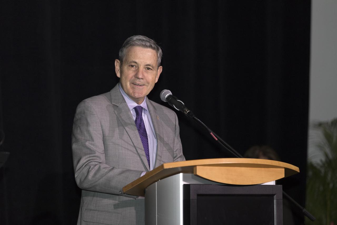 Kennedy Space Center Director Bob Cabana speaks during an Astronauts Memorial Foundation tribute honoring U.S. Air Foce Maj. Robert Lawrence. Selected in 1967 for the Manned Orbiting Laboratory Program, Lawrence was the first African-American astronaut. He lost his life in a training accident 50 years ago. The ceremony took place in the Center for Space Education at the Kennedy Space Center Visitor Complex.