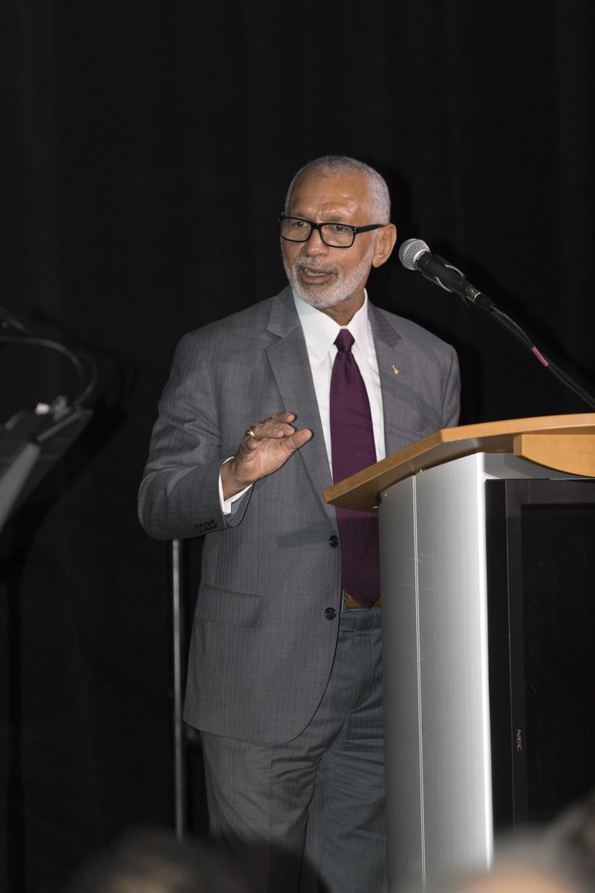 Former NASA administrator Charlie Bolden speaks during an Astronauts Memorial Foundation tribute honoring U.S. Air Foce Maj. Robert Lawrence. Selected in 1967 for the Manned Orbiting Laboratory Program, Lawrence was the first African-American astronaut. He lost his life in a training accident 50 years ago. The ceremony took place in the Center for Space Education at the Kennedy Space Center Visitor Complex.