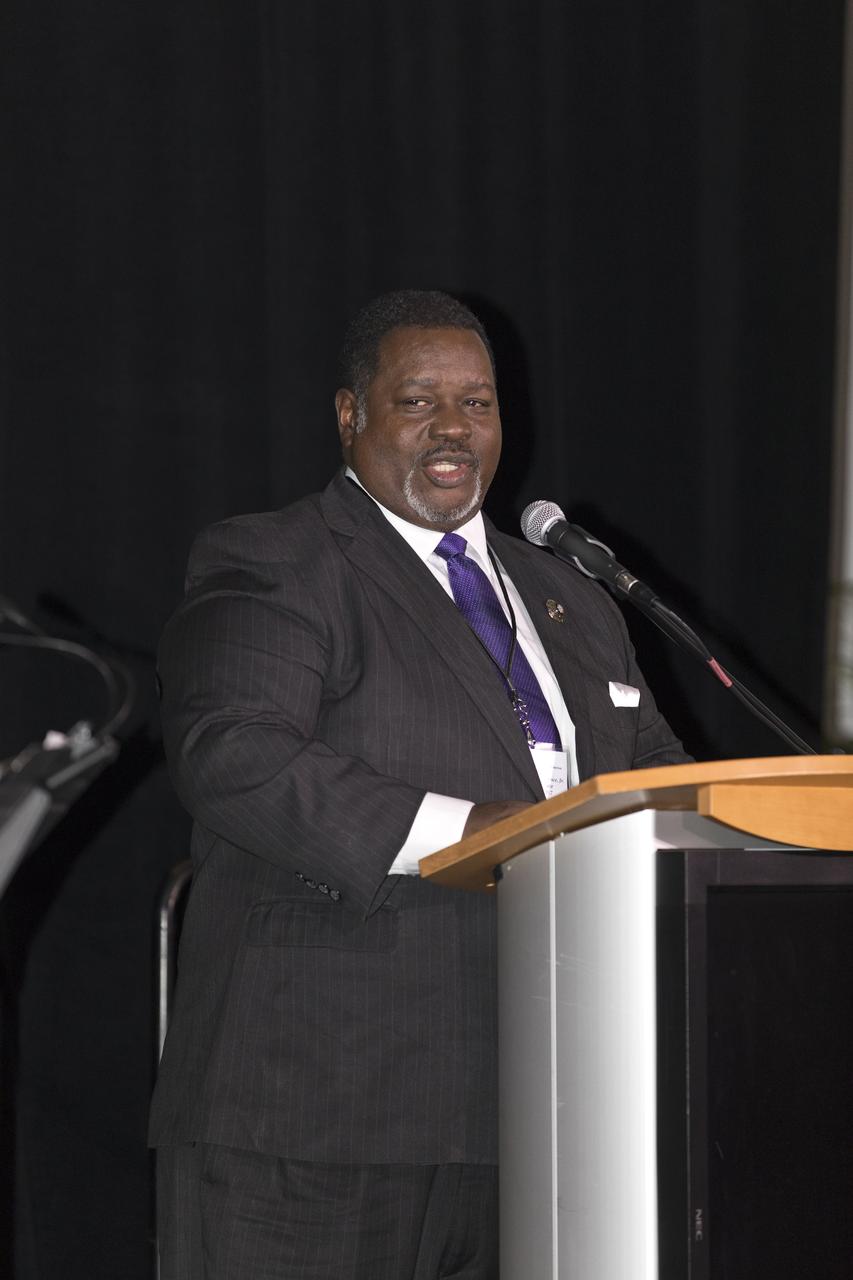 Antonio "Tony" Knox, grand basileus of the Omega Psi Phi, speaks during an Astronauts Memorial Foundation tribute honoring U.S. Air Foce Maj. Robert Lawrence who was a member of the fraternity. Selected in 1967 for the Manned Orbiting Laboratory Program, Lawrence was the first African-American astronaut. He lost his life in a training accident 50 years ago. The ceremony took place in the Center for Space Education at the Kennedy Space Center Visitor Complex.