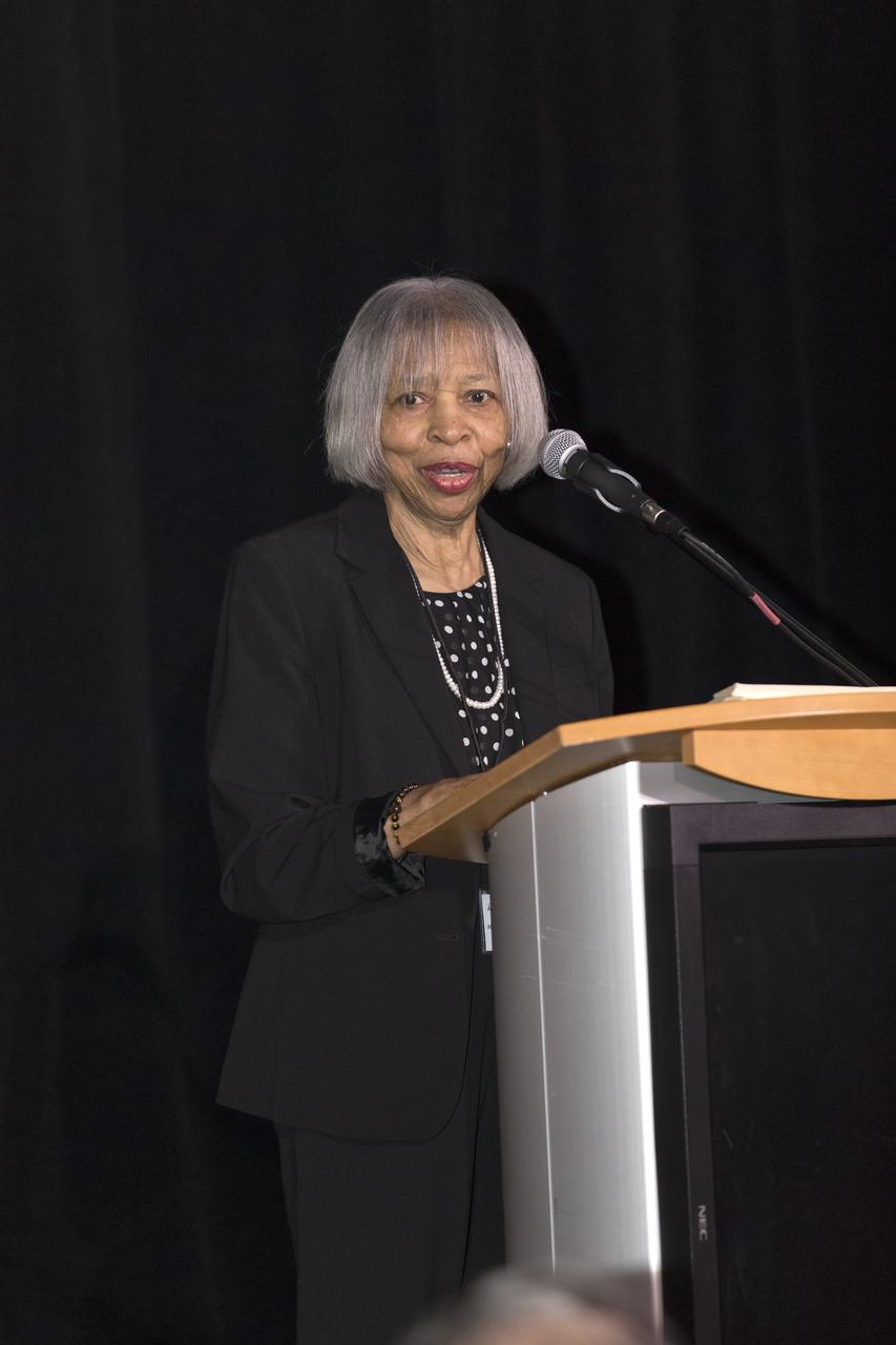 During an Astronauts Memorial Foundation tribute honoring U.S. Air Foce Maj. Robert Lawrence, his sister, Barbara Lawrence, Ph.D., speaks to guests during the ceremony. Selected in 1967 for the Manned Orbiting Laboratory Program, Lawrence was the first African-American astronaut. He lost his life in a training accident 50 years ago. The ceremony took place in the Center for Space Education at the Kennedy Space Center Visitor Complex.