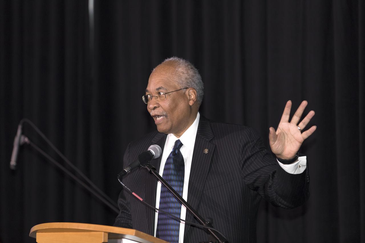 During an Astronauts Memorial Foundation tribute honoring U.S. Air Foce Maj. Robert Lawrence, physicist Herman White, Ph.D., of the Fermi National Accelerator Laboratory, speaks to guests during the ceremony. Selected in 1967 for the Manned Orbiting Laboratory Program, Lawrence was the first African-American astronaut. He lost his life in a training accident 50 years ago. The ceremony took place in the Center for Space Education at the Kennedy Space Center Visitor Complex.