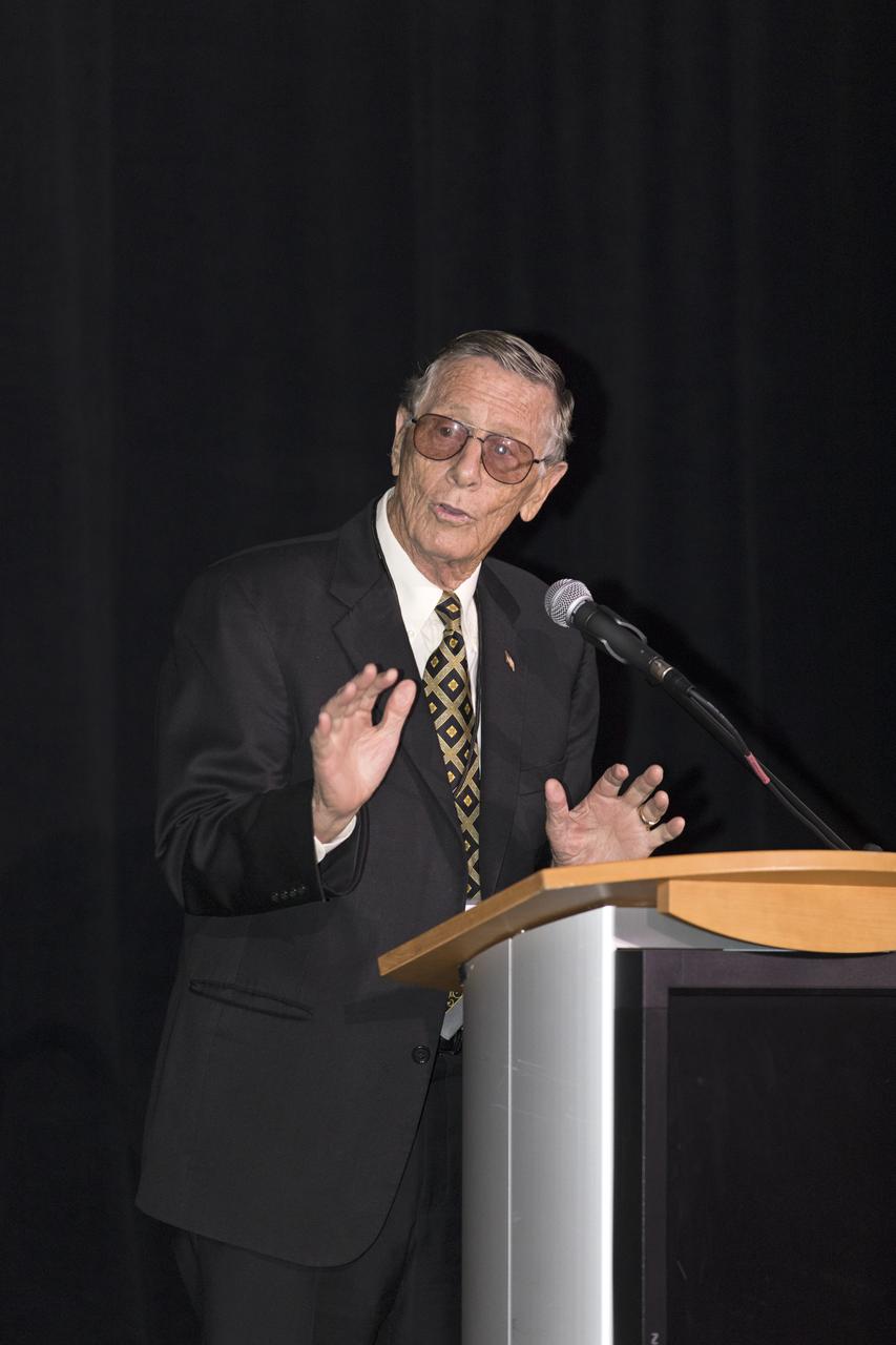 During an Astronauts Memorial Foundation tribute honoring U.S. Air Foce Maj. Robert Lawrence, James Abrahamson, speaks to guests during the ceremony. A retired U.S. Air Force lieutenant general, Abrahamson also was a Manned Orbiting Laboratory astronaut who later was associate administrator of NASA and served as director of the Strategic Defense Initiative. Selected in 1967 for the MOL Program, Lawrence was the first African-American astronaut. He lost his life in a training accident 50 years ago. The ceremony took place in the Center for Space Education at the Kennedy Space Center Visitor Complex.