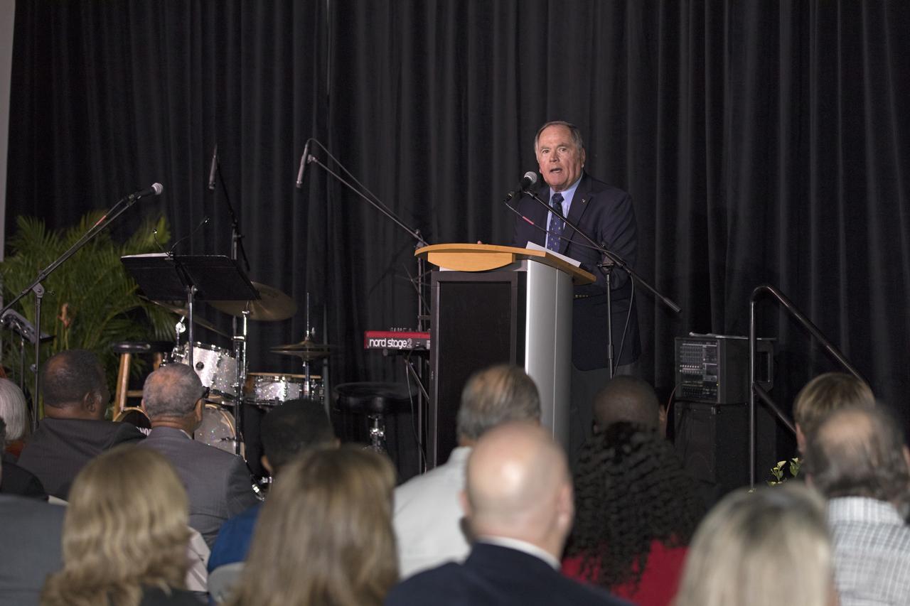 Bob Crippen, former Kennedy center director and NASA astronaut, speaks to guests during an Astronauts Memorial Foundation tribute honoring U.S. Air Foce Maj. Robert Lawrence. Like Crippen, Lawrence was selected in the 1960s for the Manned Orbiting Laboratory Program. As such, Lawrence was the first African-American astronaut. He lost his life in a training accident 50 years ago. The ceremony took place in the Center for Space Education at the Kennedy Space Center Visitor Complex.