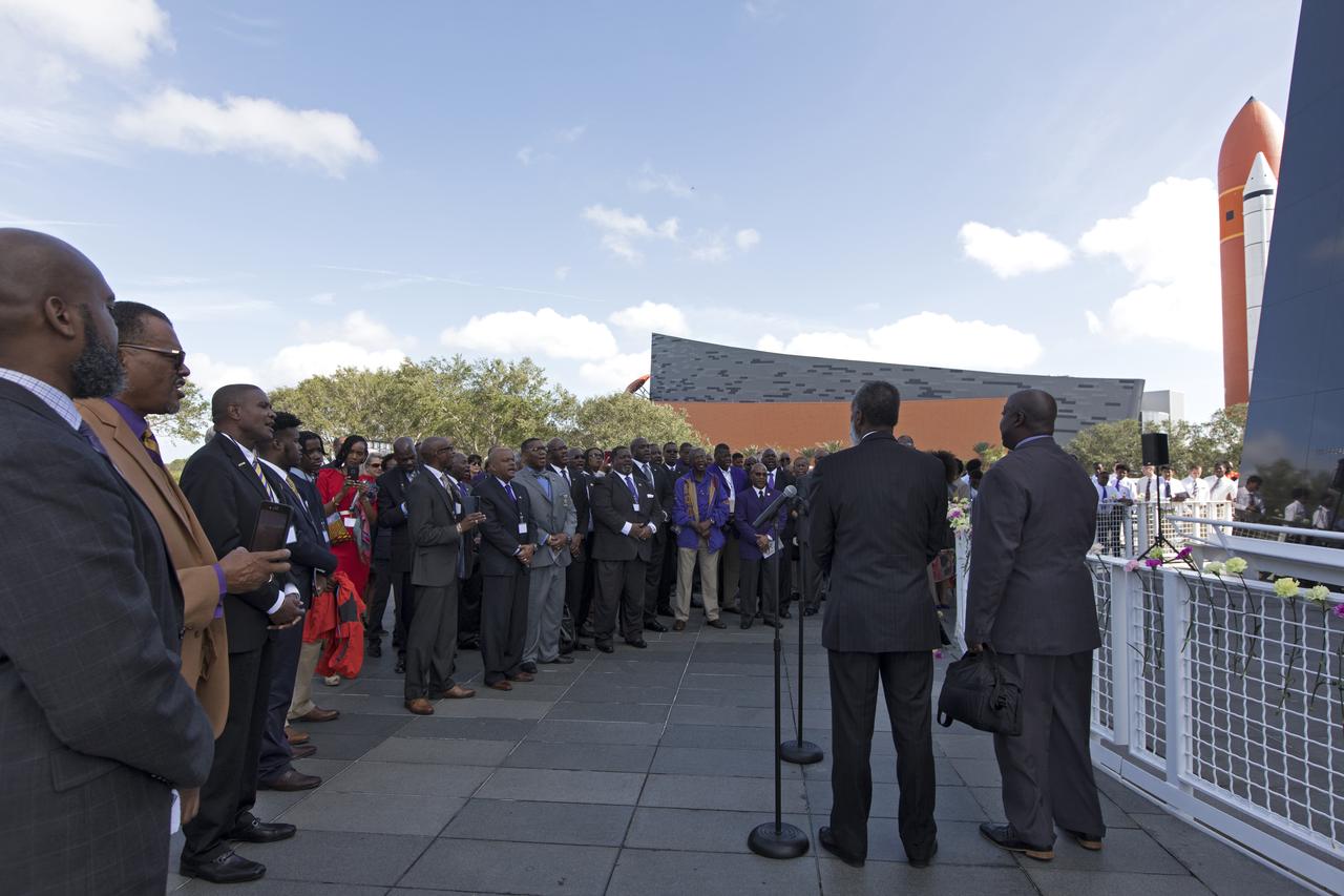 Following an Astronauts Memorial Foundation tribute honoring U.S. Air Foce Maj. Robert Lawrence, guests listen to speakers at the Space Mirror Memorial at the Kenendy Space Center Visitor Compelx. Selected in 1967 for the Manned Orbiting Laboratory Program, Lawrence was the first African-American astronaut. He lost his life in a training accident 50 years ago. The ceremony took place in the Center for Space Education at the Kennedy Space Center Visitor Complex.