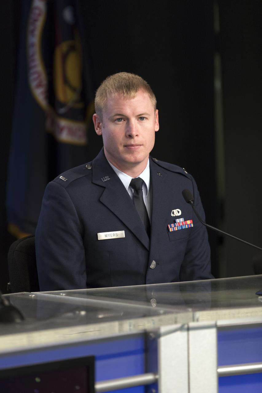 In the Kennedy Space Center’s Press Site auditorium, Lt. David Myers, weather officer for the 45th Weather Squadron, speaks to members of the media during a prelaunch news conference for the SpaceX CRS-13 commercial resupply services mission to the International Space Station. A Dragon spacecraft is scheduled to be launched from Space Launch Complex 40 at Cape Canaveral Air Force Station at 11:46 a.m. EST, on Dec. 12, 2017. The SpaceX Falcon 9 rocket will lift off on the company's 13th Commercial Resupply Services mission to the space station.