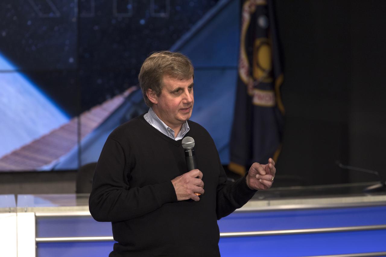 Peter Pilewskie, lead scientist at the University of Colorado-Boulder, speaks to members of social media in the Kennedy Space Center’s Press Site auditorium. The briefing focused on research planned for launch to the International Space Station. The scientific materials and supplies will be aboard a Dragon spacecraft scheduled for liftoff from Cape Canaveral Air Force Station's Space Launch Complex 40 at 11:46 a.m. EST, on Dec. 12, 2017. The SpaceX Falcon 9 rocket will launch the company's 13th Commercial Resupply Services mission to the space station.