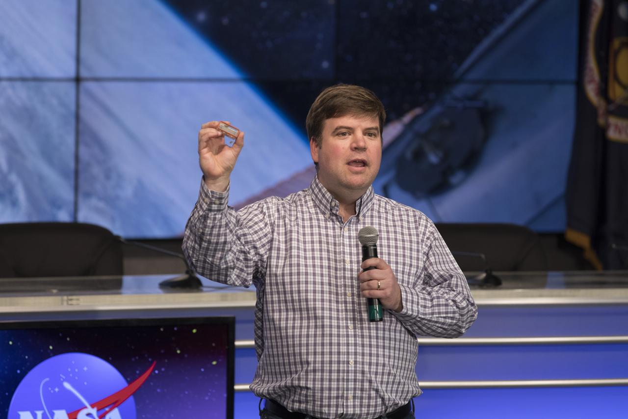 Chris Wolverton, Ph.D., professor of botany/microbiology at Ohio Wesleyan University, speaks on the Plant Gravity Perception experiment with members of social media in the Kennedy Space Center’s Press Site auditorium. The briefing focused on research planned for launch to the International Space Station. The scientific materials and supplies will be aboard a Dragon spacecraft scheduled for liftoff from Cape Canaveral Air Force Station's Space Launch Complex 40 at 11:46 a.m. EST, on Dec. 12, 2017. The SpaceX Falcon 9 rocket will launch the company's 13th Commercial Resupply Services mission to the space station.