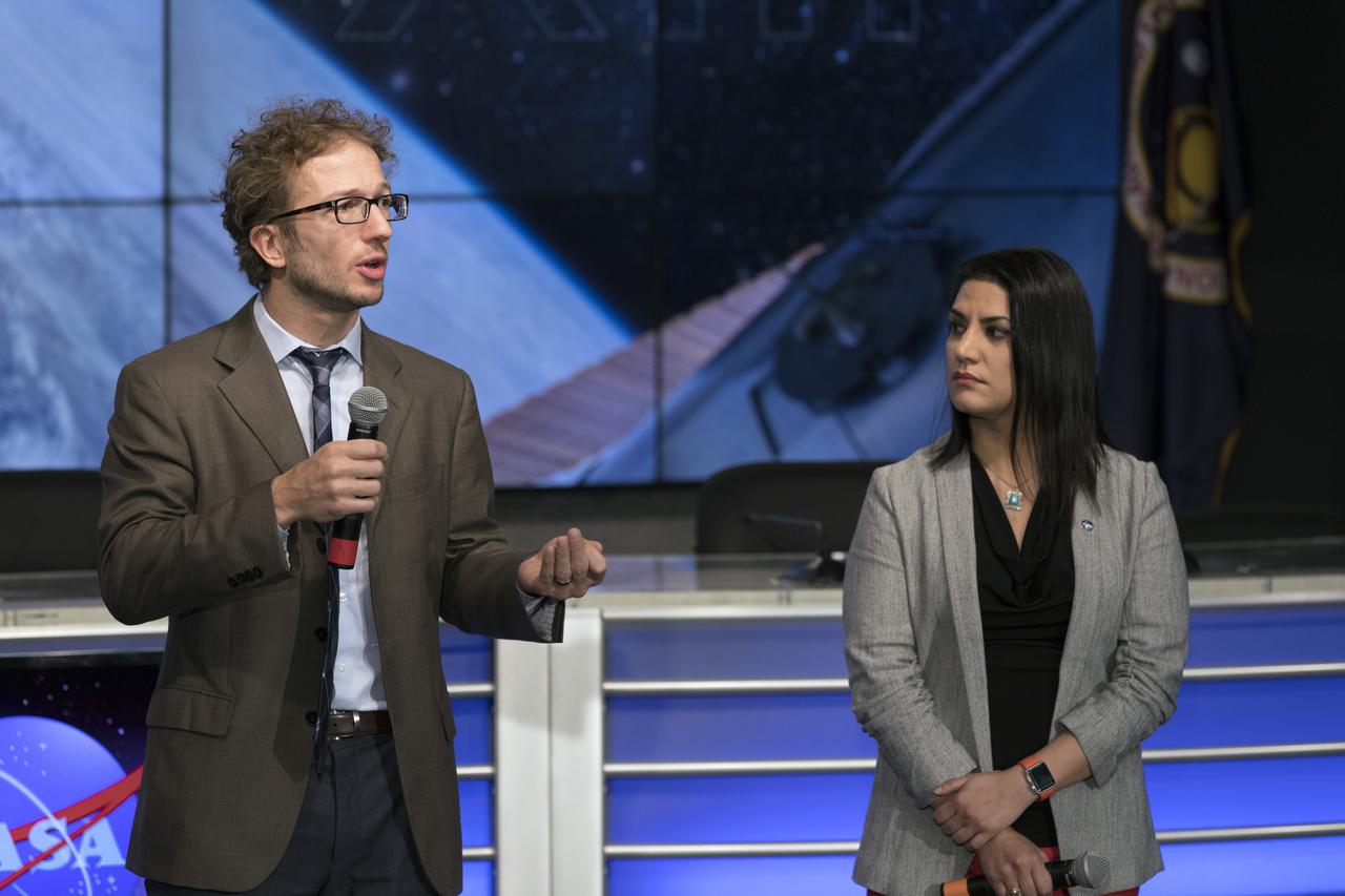 Alessandro Grattoni, principal investigator at Houston Methodist Research Institute, left, and Yasaman Shirazi, mission scientist at NASA’s Ames Research Center in Mountain View, California, speak on an investigation testing drug delivery systems for combatting muscle breakdown in microgravity. The presentation was for members of social media gathered in the Kennedy Space Center’s Press Site auditorium. The briefing focused on research planned for launch to the International Space Station. The scientific materials and supplies will be aboard a Dragon spacecraft scheduled for liftoff from Cape Canaveral Air Force Station's Space Launch Complex 40 at 11:46 a.m. EST, on Dec. 12, 2017. The SpaceX Falcon 9 rocket will launch the company's 13th Commercial Resupply Services mission to the space station.