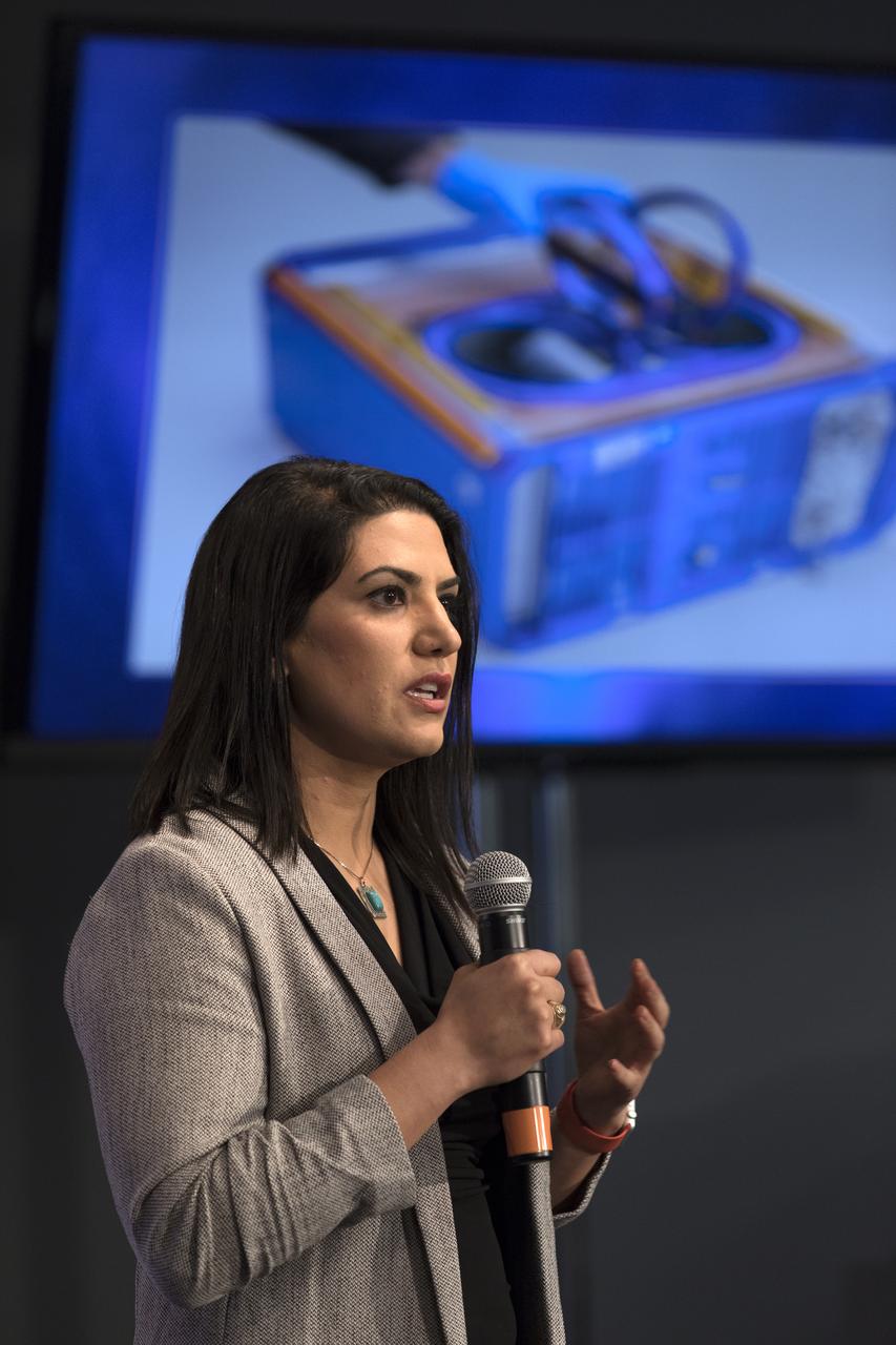 Yasaman Shirazi, mission scientist at NASA’s Ames Research Center in Mountain View, California, speaks on an investigation testing drug delivery systems for combatting muscle breakdown in microgravity with members of social media in the Kennedy Space Center’s Press Site auditorium. The briefing focused on research planned for launch to the International Space Station. The scientific materials and supplies will be aboard a Dragon spacecraft scheduled for liftoff from Cape Canaveral Air Force Station's Space Launch Complex 40 at 11:46 a.m. EST, on Dec. 12, 2017. The SpaceX Falcon 9 rocket will launch the company's 13th Commercial Resupply Services mission to the space station.
