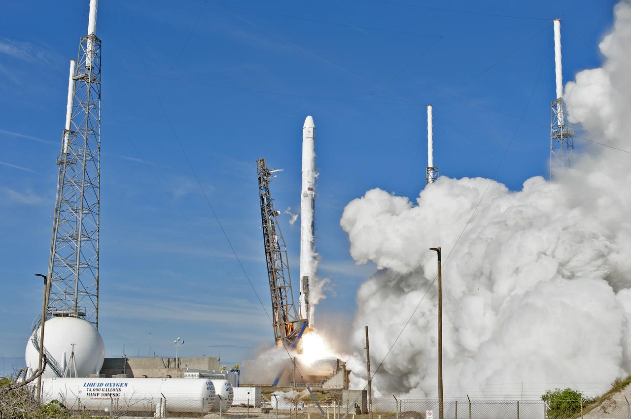 The two-stage Falcon 9 launch vehicle lifts off Space Launch Complex 40 at Cape Canaveral Air Force Station carrying the Dragon resupply spacecraft to the International Space Station. Liftoff was at 10:36 a.m. EST. On its 13th commercial resupply services mission to the International Space Station, Dragon will bring up supplies, equipment and new science experiments for technology research. The SpaceX Dragon spacecraft will deliver about 4,800 pounds of cargo and material to support science investigations aboard the space station.