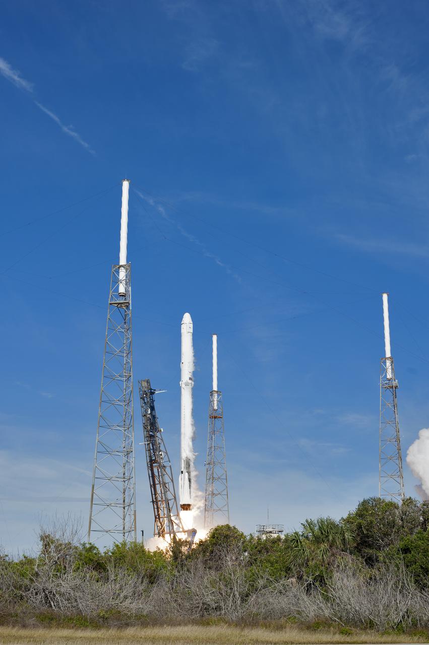 The two-stage Falcon 9 launch vehicle lifts off Space Launch Complex 40 at Cape Canaveral Air Force Station carrying the Dragon resupply spacecraft to the International Space Station. Liftoff was at 10:36 a.m. EST. On its 13th commercial resupply services mission to the International Space Station, Dragon will bring up supplies, equipment and new science experiments for technology research. The SpaceX Dragon spacecraft will deliver about 4,800 pounds of cargo and material to support science investigations aboard the space station.