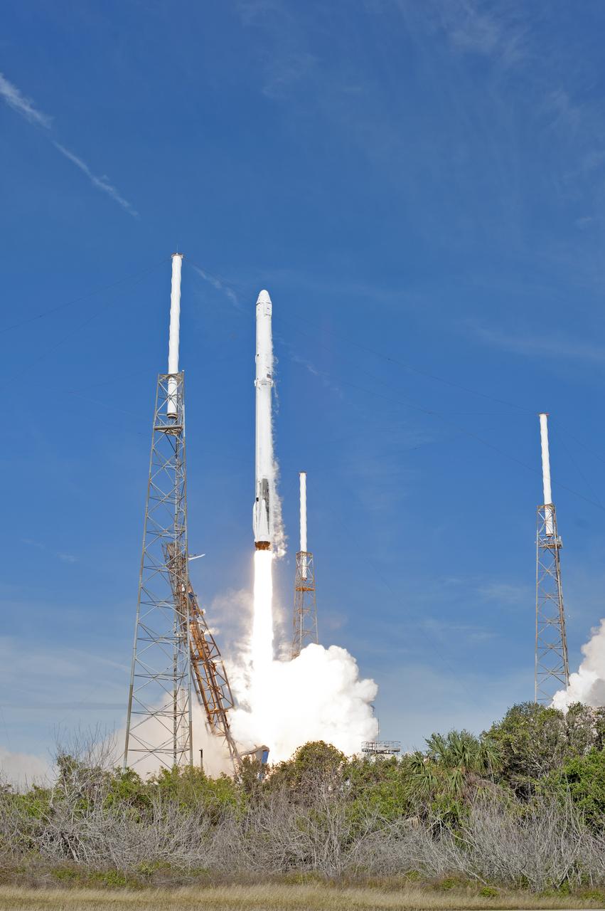 The two-stage Falcon 9 launch vehicle lifts off Space Launch Complex 40 at Cape Canaveral Air Force Station carrying the Dragon resupply spacecraft to the International Space Station. Liftoff was at 10:36 a.m. EST. On its 13th commercial resupply services mission to the International Space Station, Dragon will bring up supplies, equipment and new science experiments for technology research. The SpaceX Dragon spacecraft will deliver about 4,800 pounds of cargo and material to support science investigations aboard the space station.