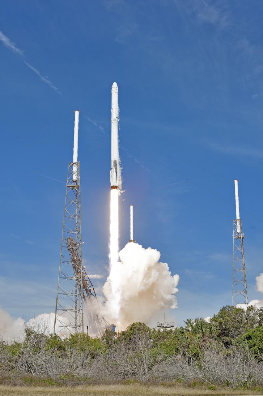 The two-stage Falcon 9 launch vehicle lifts off Space Launch Complex 40 at Cape Canaveral Air Force Station carrying the Dragon resupply spacecraft to the International Space Station. Liftoff was at 10:36 a.m. EST. On its 13th commercial resupply services mission to the International Space Station, Dragon will bring up supplies, equipment and new science experiments for technology research. The SpaceX Dragon spacecraft will deliver about 4,800 pounds of cargo and material to support science investigations aboard the space station.