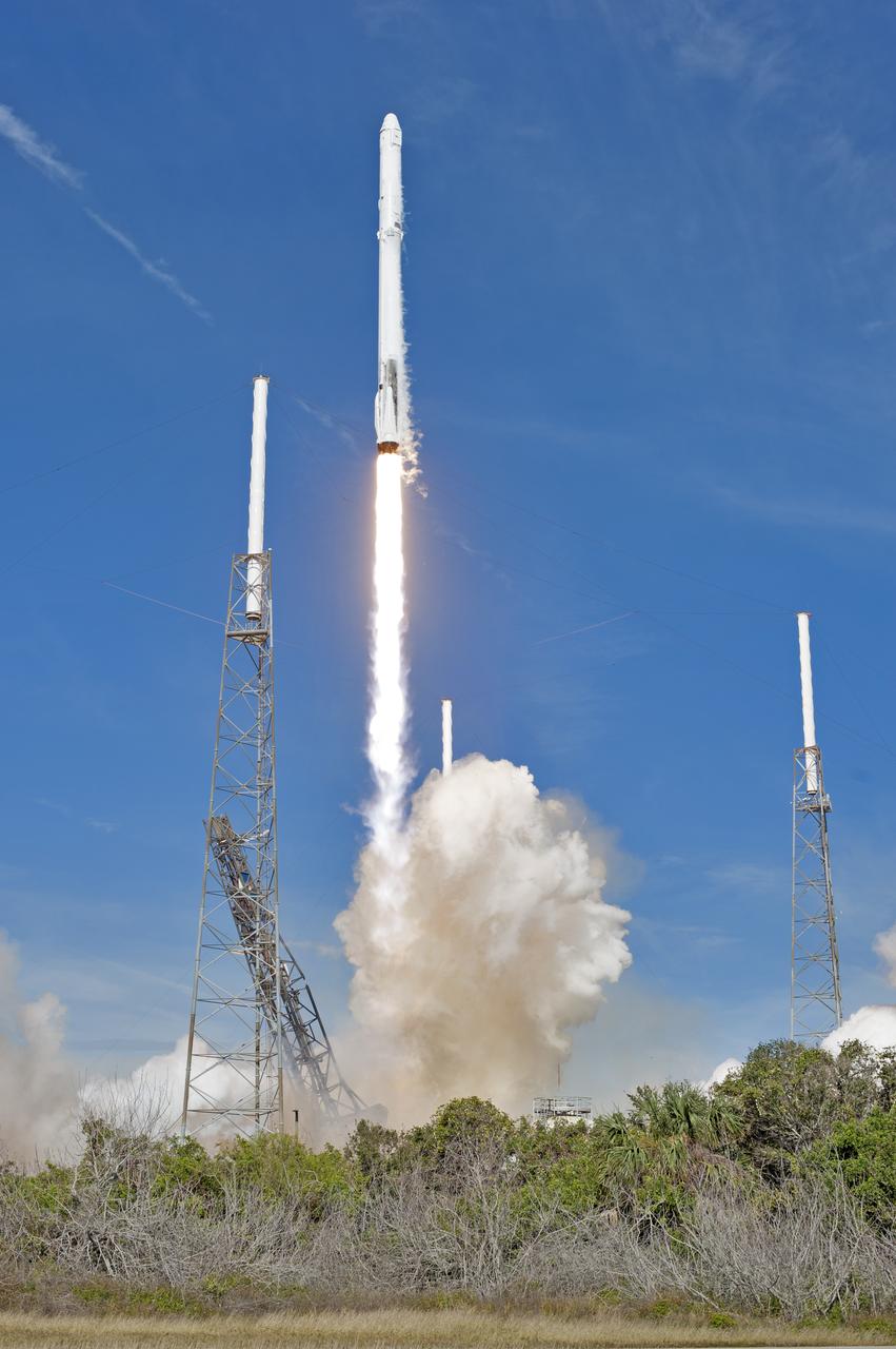 The two-stage Falcon 9 launch vehicle lifts off Space Launch Complex 40 at Cape Canaveral Air Force Station carrying the Dragon resupply spacecraft to the International Space Station. Liftoff was at 10:36 a.m. EST. On its 13th commercial resupply services mission to the International Space Station, Dragon will bring up supplies, equipment and new science experiments for technology research. The SpaceX Dragon spacecraft will deliver about 4,800 pounds of cargo and material to support science investigations aboard the space station.