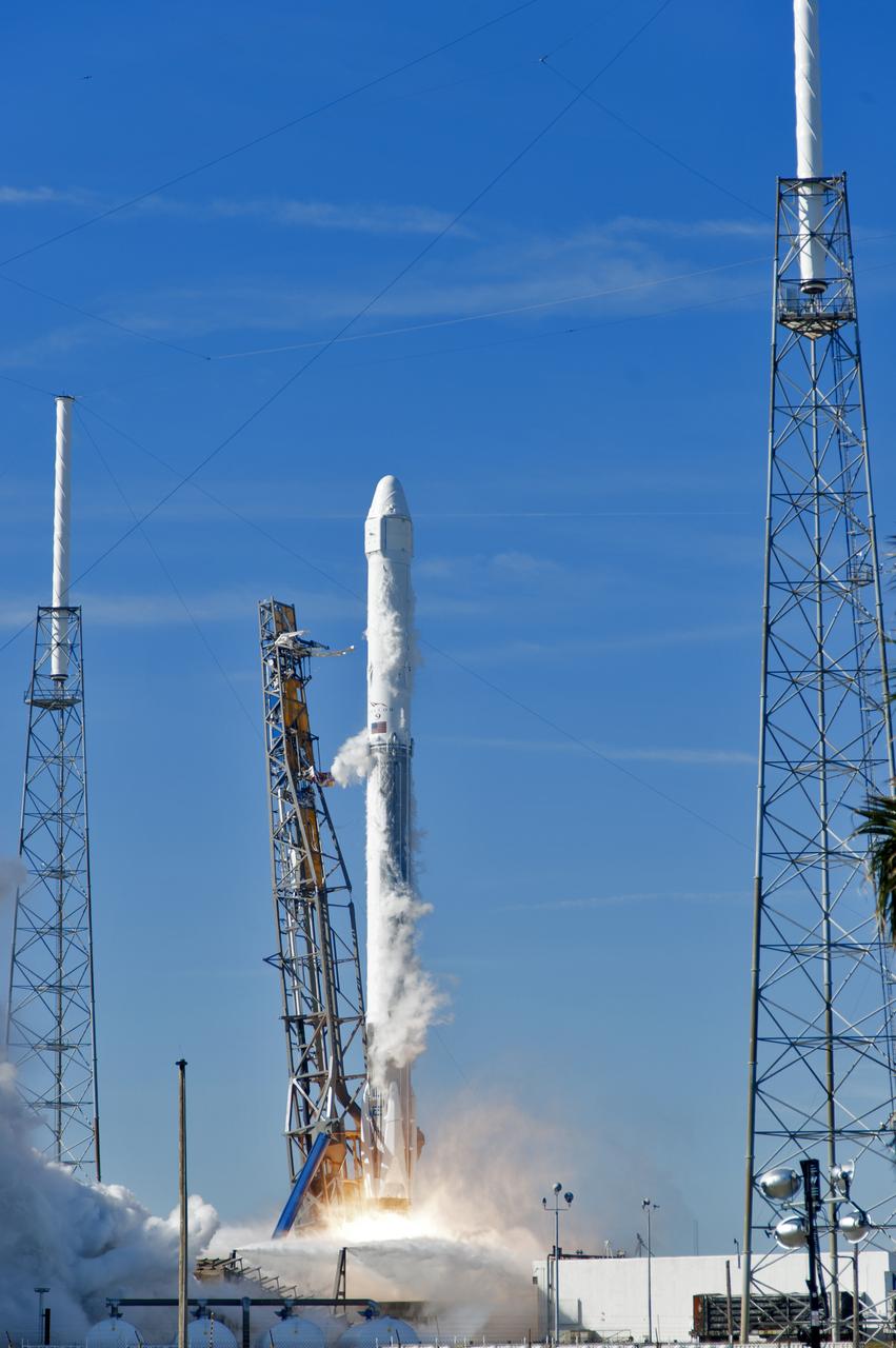 The two-stage Falcon 9 launch vehicle lifts off Space Launch Complex 40 at Cape Canaveral Air Force Station carrying the Dragon resupply spacecraft to the International Space Station. Liftoff was at 10:36 a.m. EST. On its 13th commercial resupply services mission to the International Space Station, Dragon will bring up supplies, equipment and new science experiments for technology research. The SpaceX Dragon spacecraft will deliver about 4,800 pounds of cargo and material to support science investigations aboard the space station.