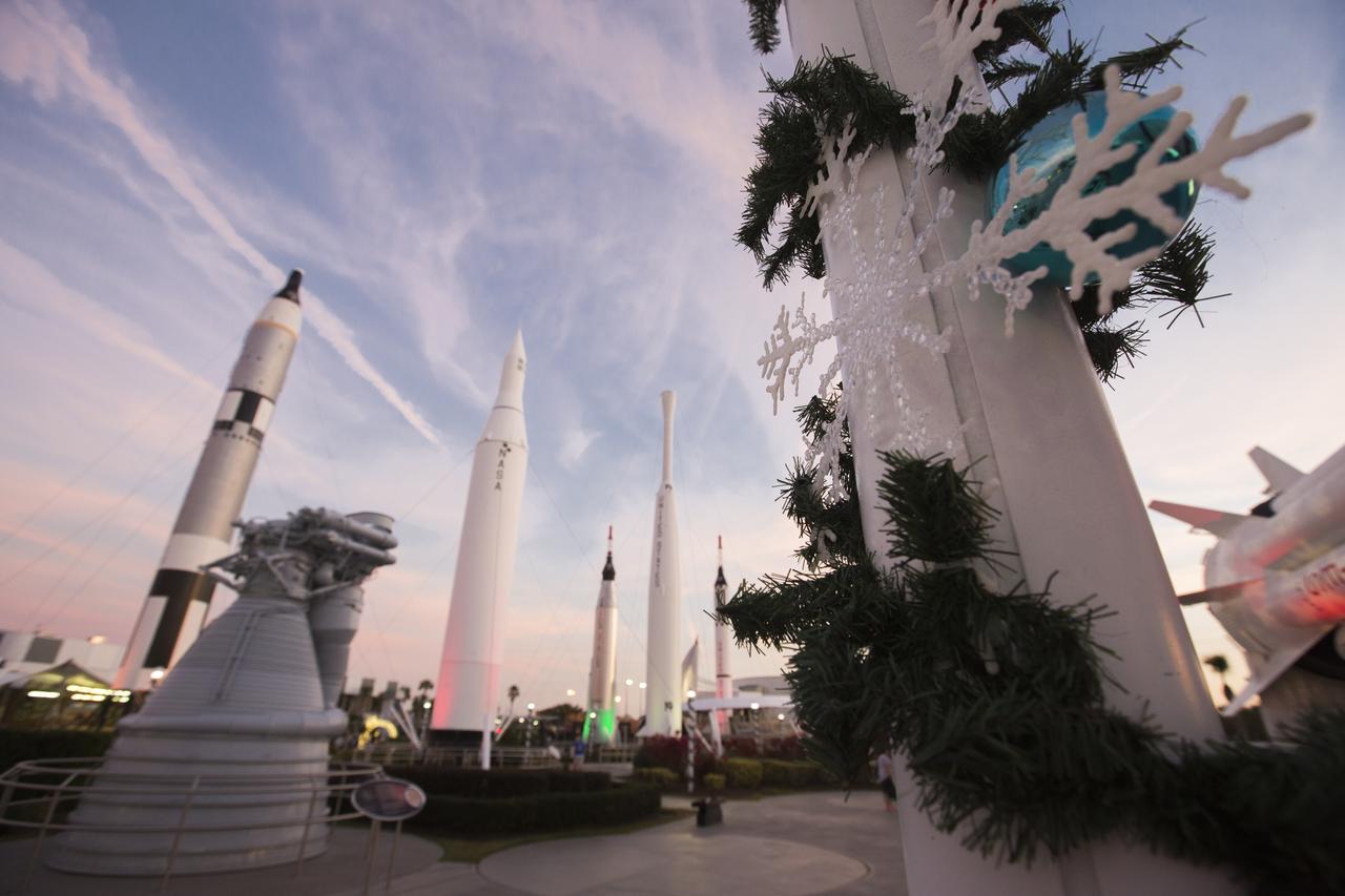 The Rocket Garden at the Kennedy Space Center Visitor Complex in Florida is festively decorated and lit in green and red for Holidays in Space 2017.  The event kicked off Dec. 20 with a dazzling performance by the dance group Fighting Gravity, followed by a fireworks finale. Holidays in Space 2017 includes nightly performances from Dec. 20 through 31, excluding Dec. 25.