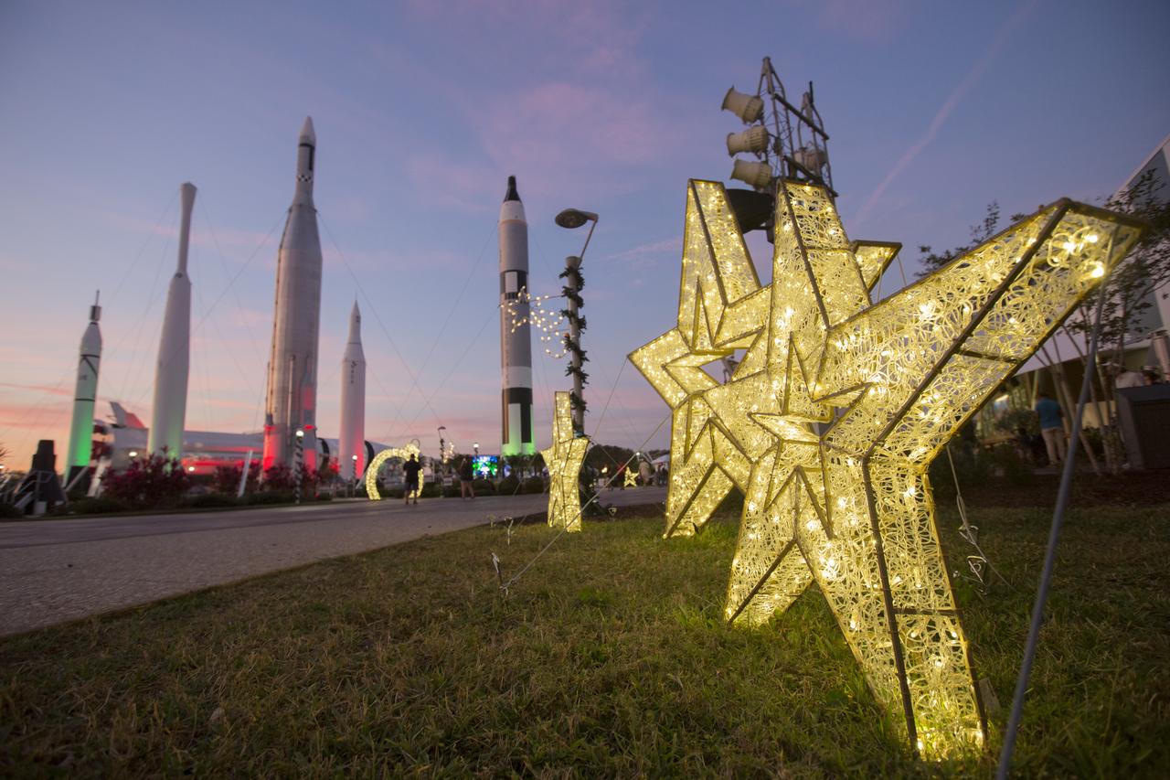 The Rocket Garden at the Kennedy Space Center Visitor Complex in Florida is festively decorated and lit in green and red for Holidays in Space 2017.  The event kicked off Dec. 20 with a dazzling performance by the dance group Fighting Gravity, followed by a fireworks finale. Holidays in Space 2017 includes nightly performances from Dec. 20 through 31, excluding Dec. 25.