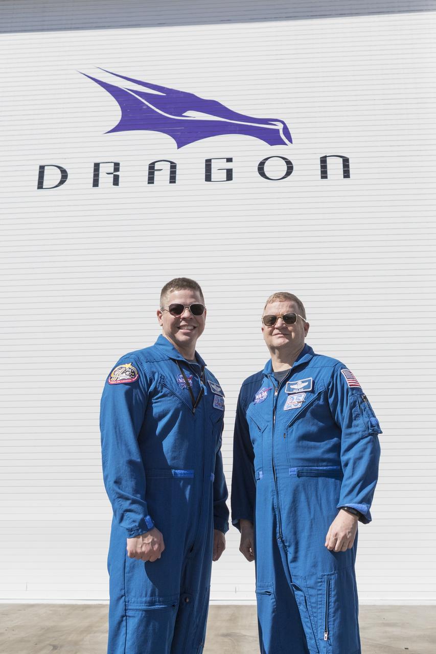 Astronauts Bob Behnken, left, and Eric Boe are outside the SpaceX facility in Hawthorne, California. SpaceX is developing its Crew Dragon spacecraft and Falcon 9 rocket in partnership with NASA’s Commercial Crew Program to carry astronauts to and from the International Space Station.