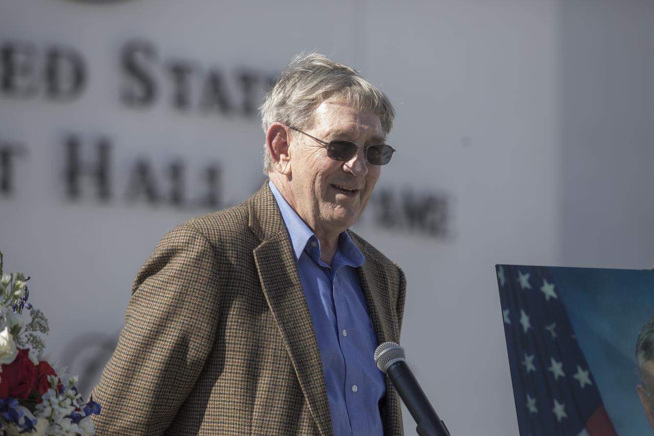 Former NASA astronaut Mike McCulley speaks during a ceremony at the Heroes and Legends exhibit at the Kennedy Space Center Visitor Complex. The brief memorial honoring NASA astronaut John Young took place on the afternoon of Jan. 11, 2018. Young died Jan. 5, 2018, in Houston at the age of 87.He was the only astronaut to fly in NASA's Gemini, Apollo and Space Shuttle Programs.