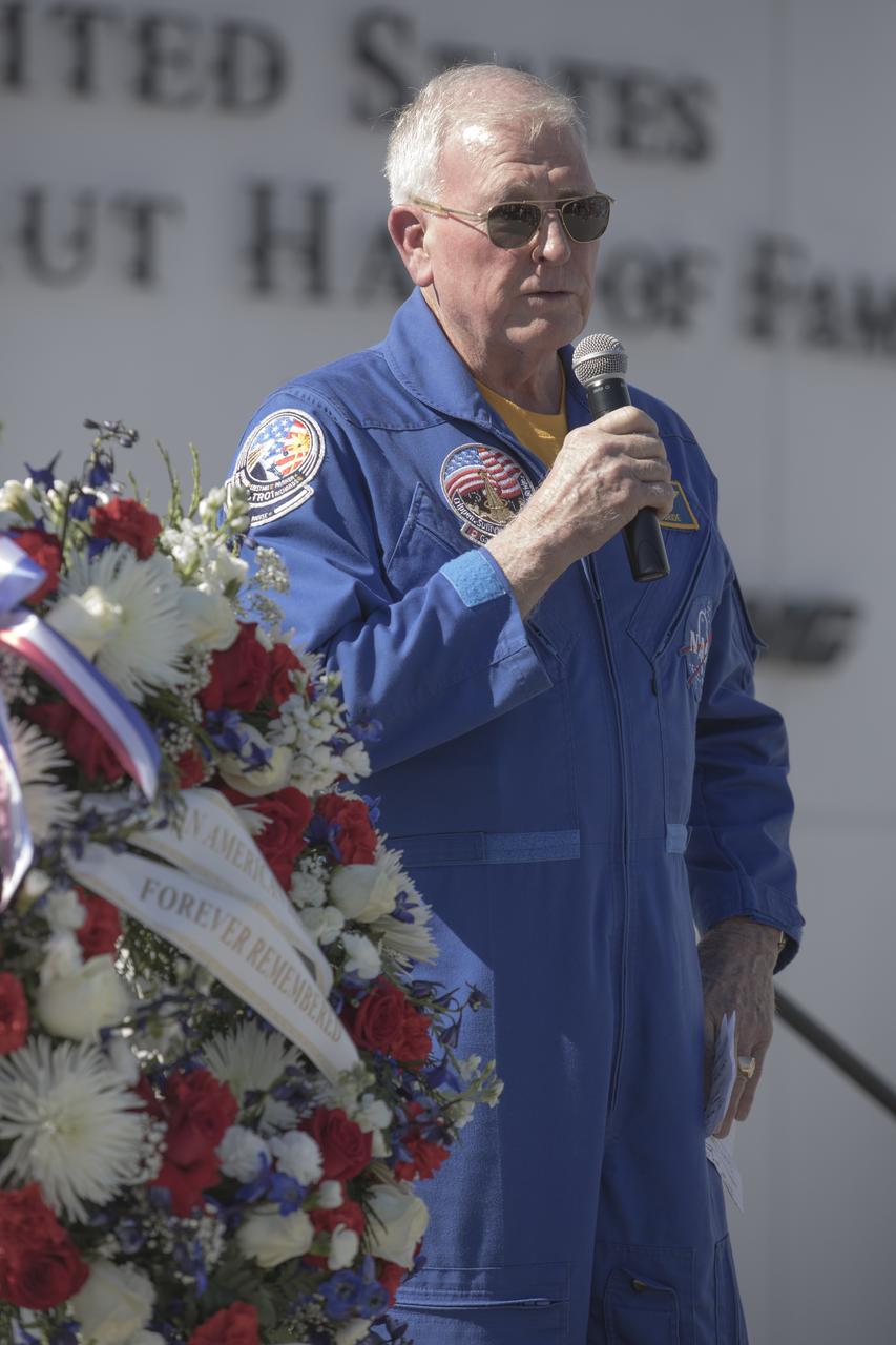 Former NASA astronaut Jon McBride speaks during a ceremony at the Heroes and Legends exhibit at the Kennedy Space Center Visitor Complex. The brief memorial honoring NASA astronaut John Young took place on the afternoon of Jan. 11, 2018. Young died Jan. 5, 2018, in Houston at the age of 87. He was the only astronaut to fly in NASA's Gemini, Apollo and Space Shuttle Programs.