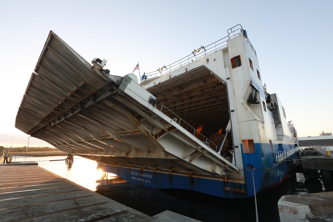 The Mariner transport ship arrives at the Army Wharf at Cape Canaveral Air Force Station in Florida, carrying the United Launch Alliance Atlas V booster and Centaur stage for NOAA's Geostationary Operational Environmental Satellite-S (GOES-S). They will be offloaded and transported to the Atlas Spaceflight Operations Center near Space Launch Complex 41 at CCAFS. GOES-S is the second in a series of four advanced geostationary weather satellites. The satellite is slated to launch aboard the Atlas V rocket March 1.