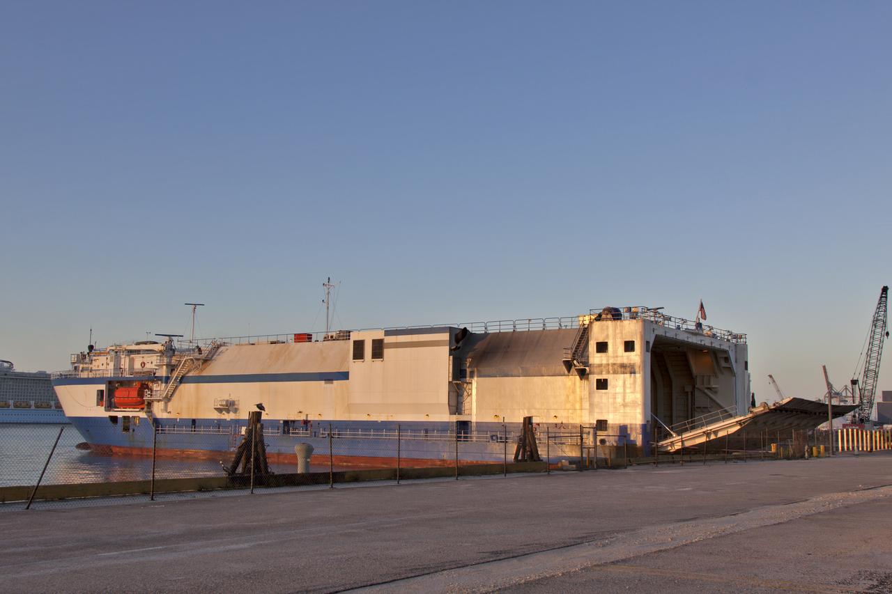 The Mariner transport ship arrives at the Army Wharf at Cape Canaveral Air Force Station in Florida, carrying the United Launch Alliance Atlas V booster and Centaur stage for NOAA's Geostationary Operational Environmental Satellite-S (GOES-S). They will be offloaded and transported to the Atlas Spaceflight Operations Center near Space Launch Complex 41 at CCAFS. GOES-S is the second in a series of four advanced geostationary weather satellites. The satellite is slated to launch aboard the Atlas V rocket March 1.