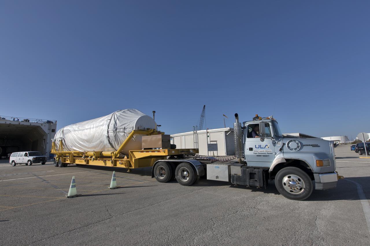 The United Launch Alliance Atlas V booster and Centaur stage for NOAA's Geostationary Operational Environmental Satellite-S (GOES-S) are offloaded from the Mariner transport ship at the Army Wharf at Cape Canaveral Air Force Station in Florida. They will be transported to the Atlas Spaceflight Operations Center near Space Launch Complex 41 at CCAFS. GOES-S is the second in a series of four advanced geostationary weather satellites. The satellite is slated to launch aboard the Atlas V rocket March 1.