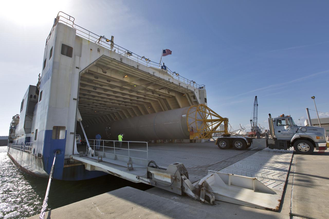 The United Launch Alliance Atlas V booster and Centaur stage for NOAA's Geostationary Operational Environmental Satellite-S (GOES-S) are offloaded from the Mariner transport ship at the Army Wharf at Cape Canaveral Air Force Station in Florida. They will be transported to the Atlas Spaceflight Operations Center near Space Launch Complex 41 at CCAFS. GOES-S is the second in a series of four advanced geostationary weather satellites. The satellite is slated to launch aboard the Atlas V rocket March 1.