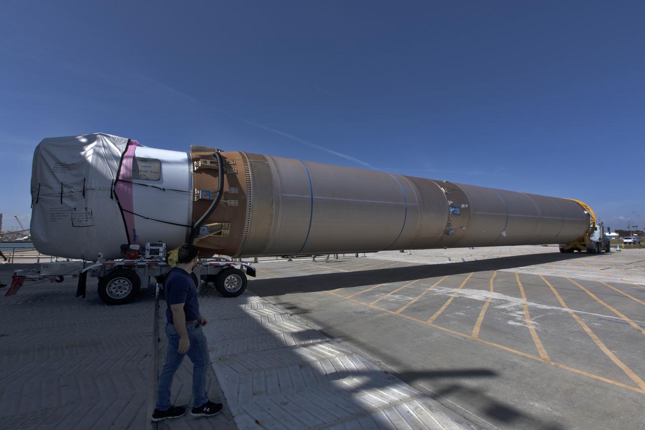 The United Launch Alliance Atlas V booster for NOAA's Geostationary Operational Environmental Satellite-S (GOES-S) is offloaded from the Mariner transport ship at the Army Wharf at Cape Canaveral Air Force Station in Florida. The booster will be transported to the Atlas Spaceflight Operations Center near Space Launch Complex 41 at CCAFS. GOES-S is the second in a series of four advanced geostationary weather satellites. The satellite is slated to launch aboard the Atlas V rocket March 1.