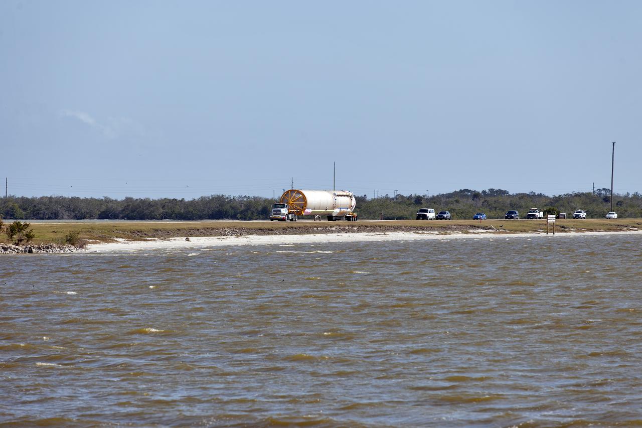 After being offloaded from the Mariner transport ship at the Army Wharf at Cape Canaveral Air Force Station in Florida, the United Launch Alliance Atlas V booster for NOAA's Geostationary Operational Environmental Satellite-S (GOES-S) is being transported to the Atlas Spaceflight Operations Center near Space Launch Complex 41 at CCAFS. GOES-S is the second in a series of four advanced geostationary weather satellites. The satellite is slated to launch aboard the Atlas V rocket March 1.