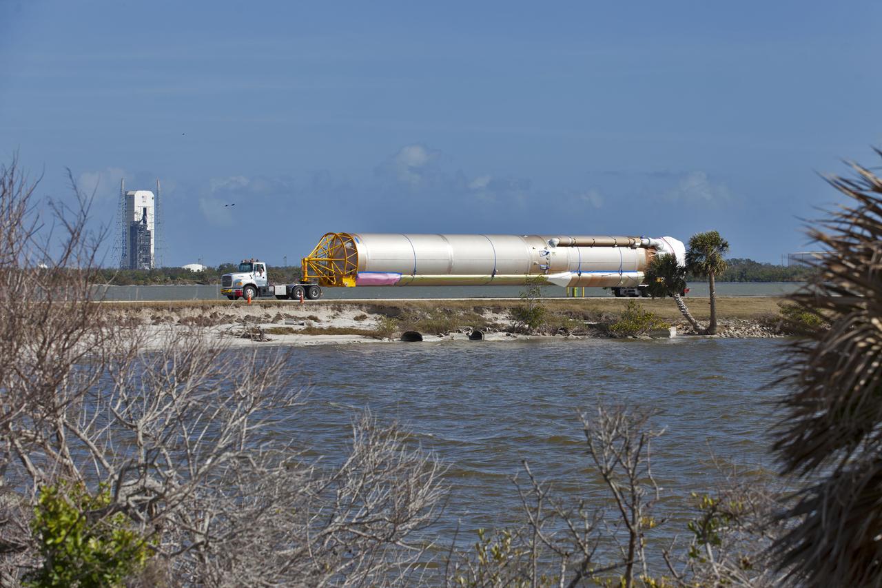After being offloaded from the Mariner transport ship at the Army Wharf at Cape Canaveral Air Force Station in Florida, the United Launch Alliance Atlas V booster for NOAA's Geostationary Operational Environmental Satellite-S (GOES-S) is being transported to the Atlas Spaceflight Operations Center near Space Launch Complex 41 at CCAFS. GOES-S is the second in a series of four advanced geostationary weather satellites. The satellite is slated to launch aboard the Atlas V rocket March 1.