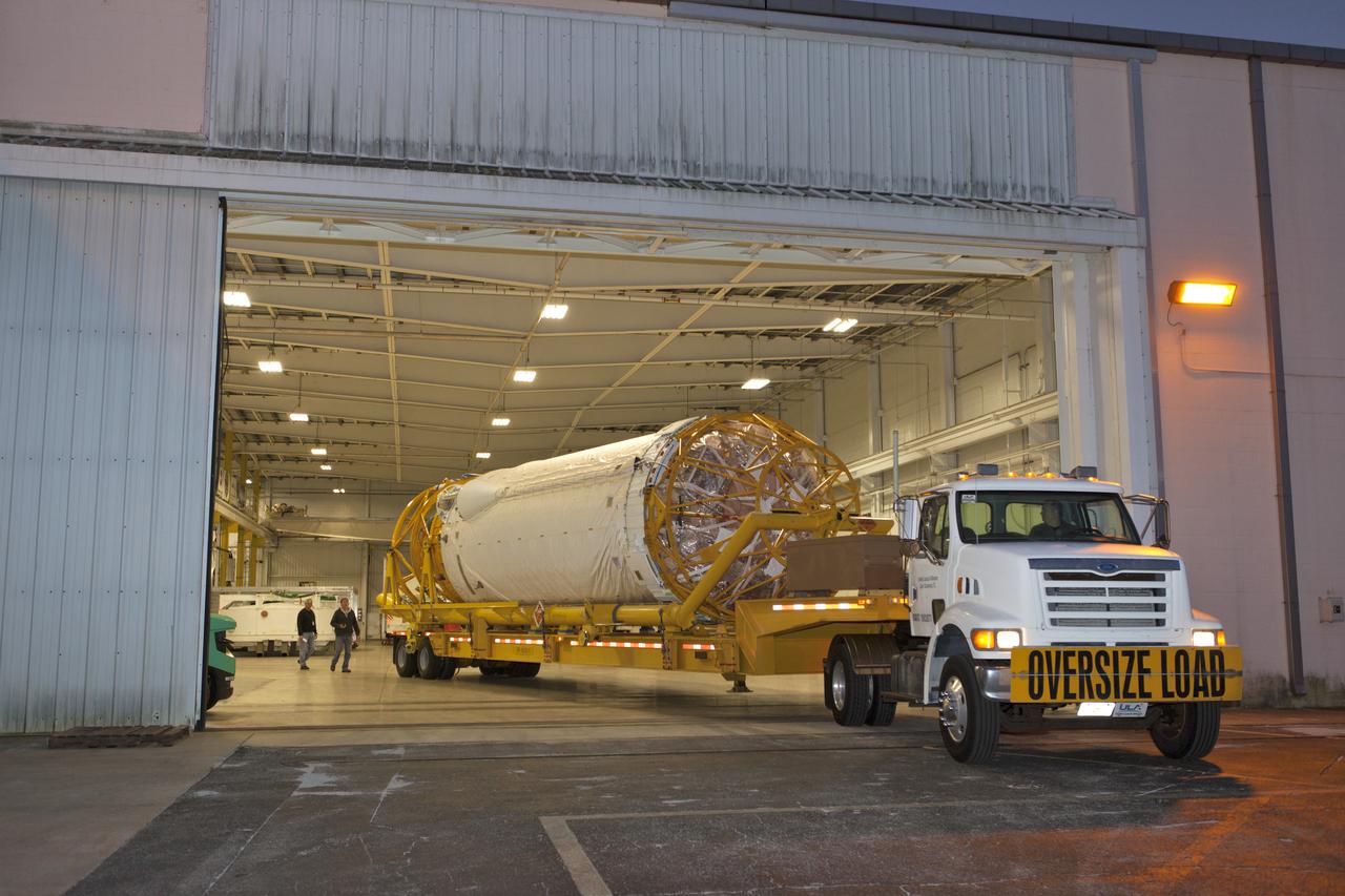 The Centaur upper stage that will help launch NOAA's Geostationary Operational Environmental Satellite-S, or GOES-S, is being transported from the Atlas Spaceflight Operations Center at Cape Canaveral Air Force Station to the Delta Operations Center for further processing. GOES-S is the second in a series of four advanced geostationary weather satellites. The GOES-R series - consisting of the GOES-R, GOES-S, GOES-T and GOES-U spacecraft - will significantly improve the detection and observation of environmental phenomena that directly affect public safety, protection of property and the nation's economic health and prosperity. GOES-S is slated to launch March 1, 2018 aboard a United Launch Alliance Atlas V rocket.