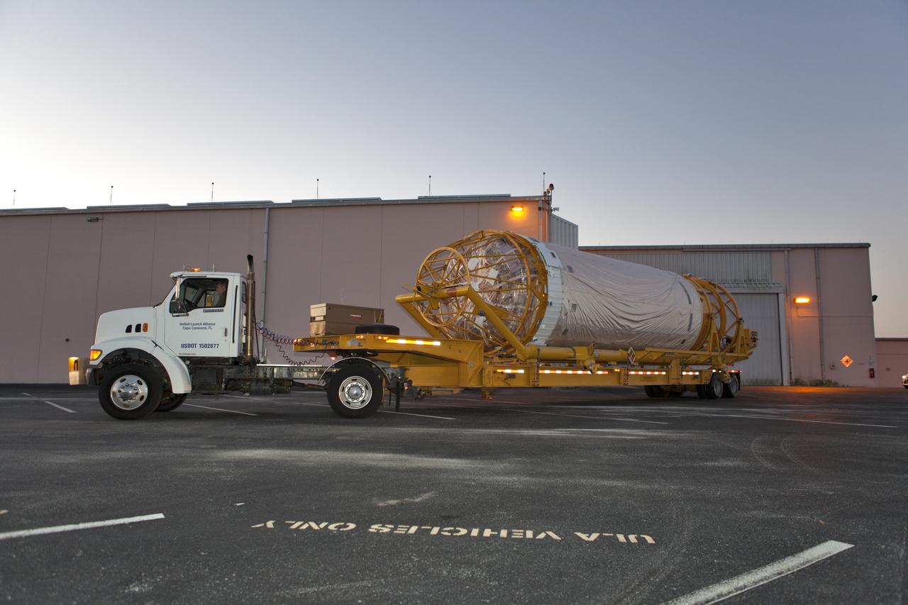 The Centaur upper stage that will help launch NOAA's Geostationary Operational Environmental Satellite-S, or GOES-S, is being transported from the Atlas Spaceflight Operations Center at Cape Canaveral Air Force Station to the Delta Operations Center for further processing. GOES-S is the second in a series of four advanced geostationary weather satellites. The GOES-R series - consisting of the GOES-R, GOES-S, GOES-T and GOES-U spacecraft - will significantly improve the detection and observation of environmental phenomena that directly affect public safety, protection of property and the nation's economic health and prosperity. GOES-S is slated to launch March 1, 2018 aboard a United Launch Alliance Atlas V rocket.